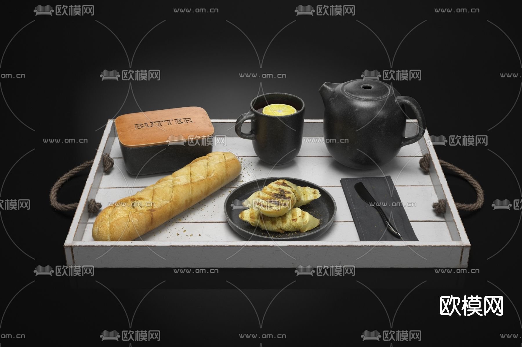 现代茶壶面包食物su模型