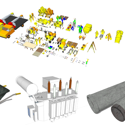  现代工业器材水泥推车su模型 