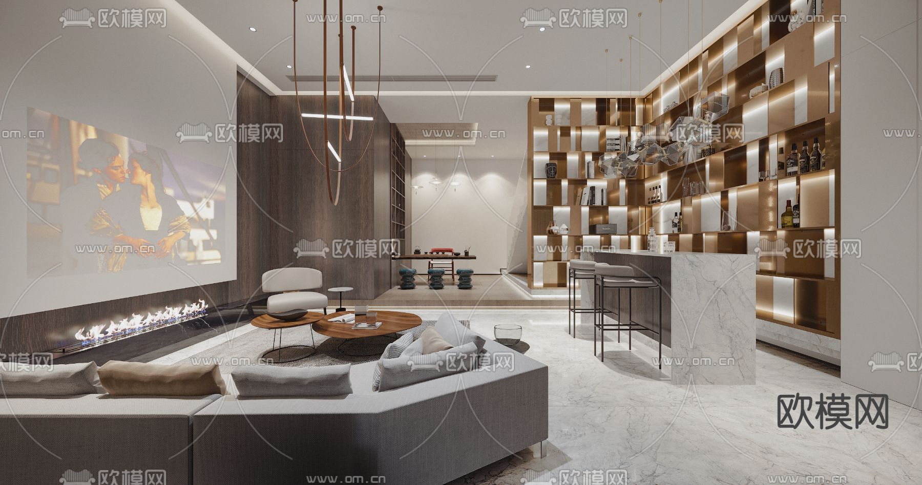 现代轻奢地下室休闲区3d模型下载（渲染图1）