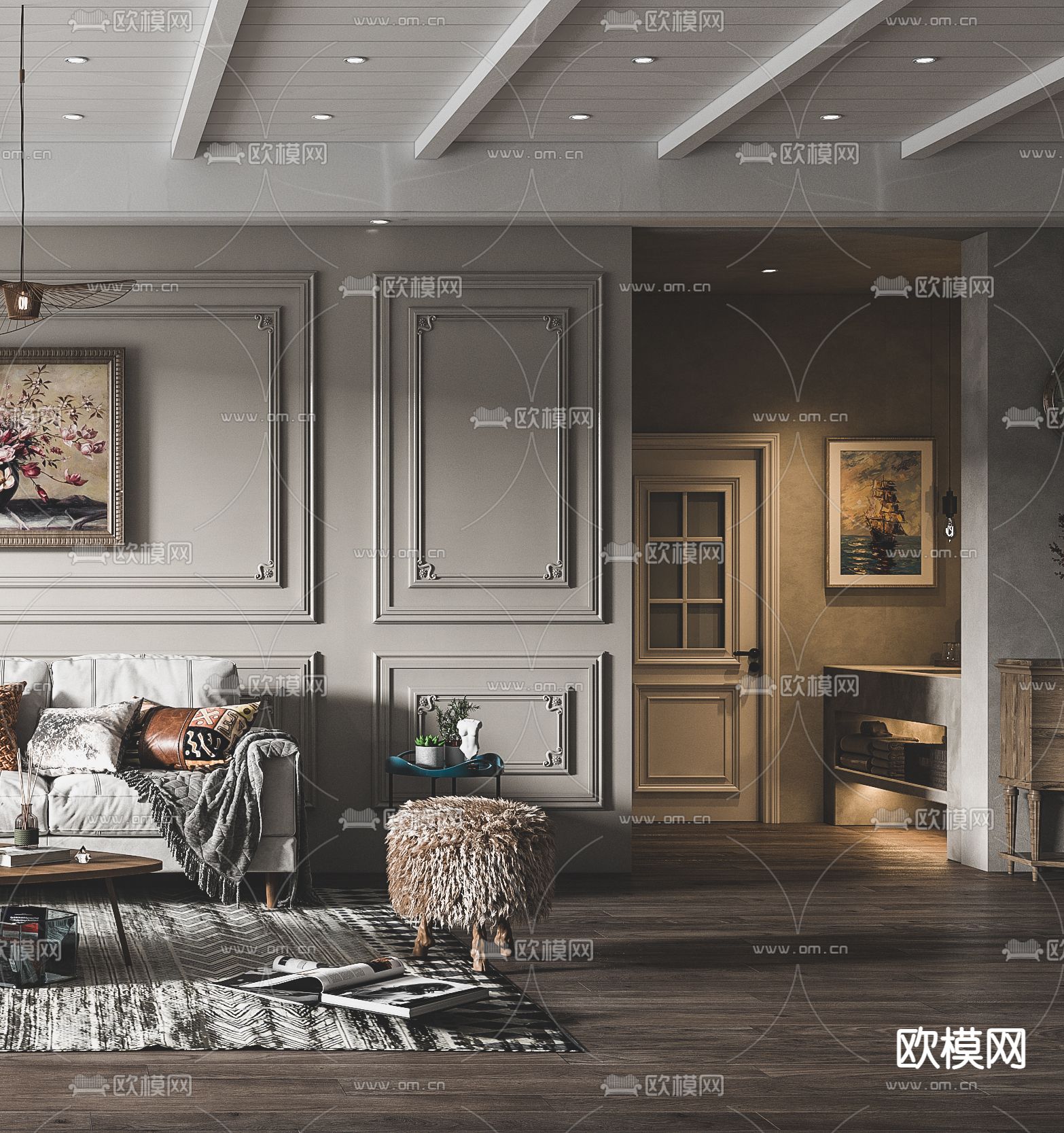 美式布艺沙发组合3d模型