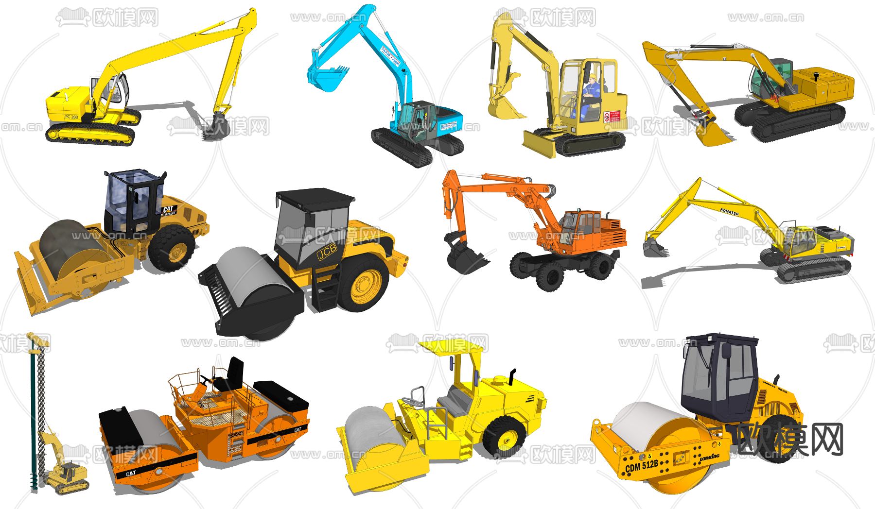 现代工程车挖掘机压路机桩钻机su模型下载