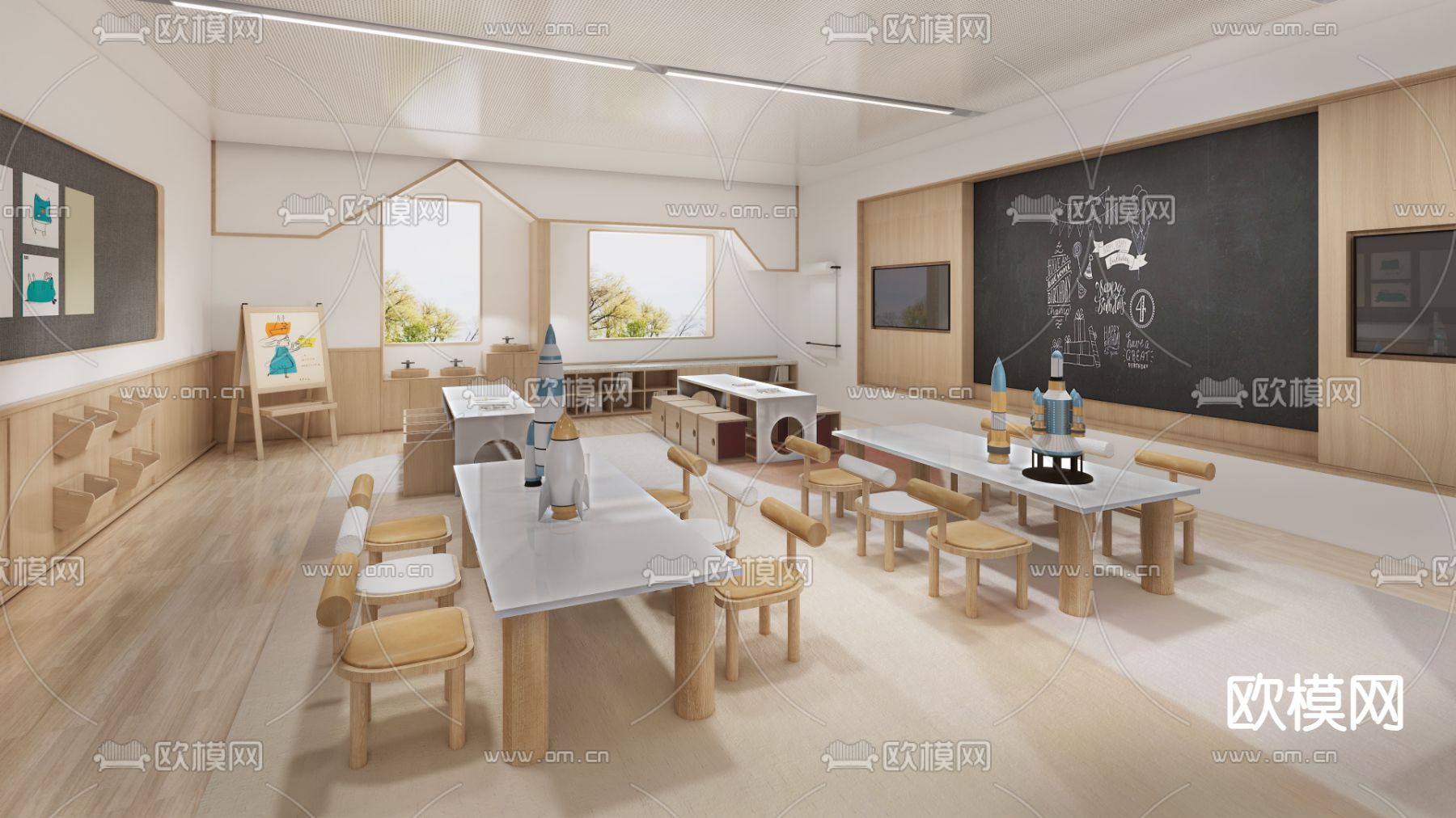 现代幼儿园教室su模型下载（渲染图1）