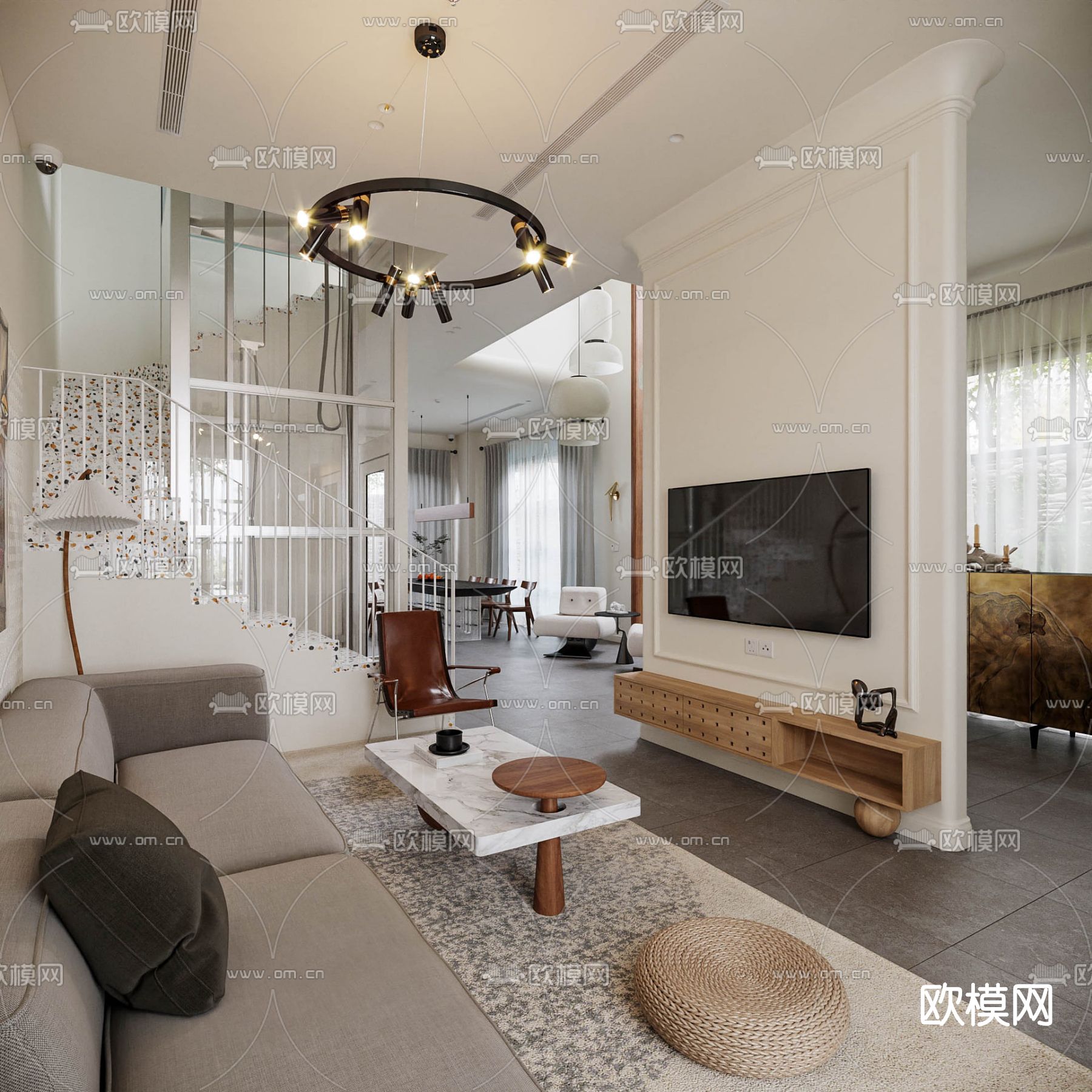 简欧别墅客厅餐厅3d模型