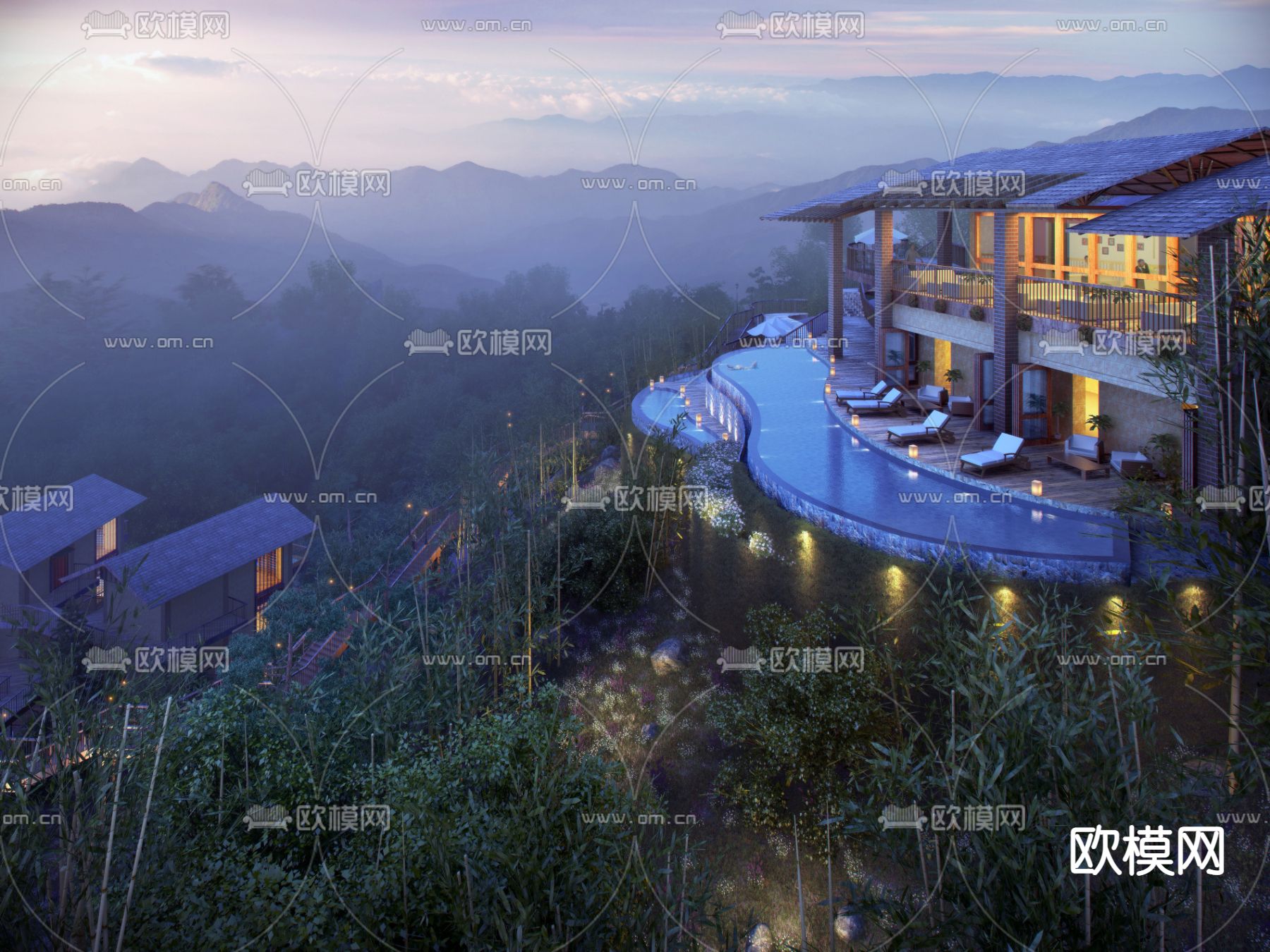现代度假区酒店建筑外观3d模型