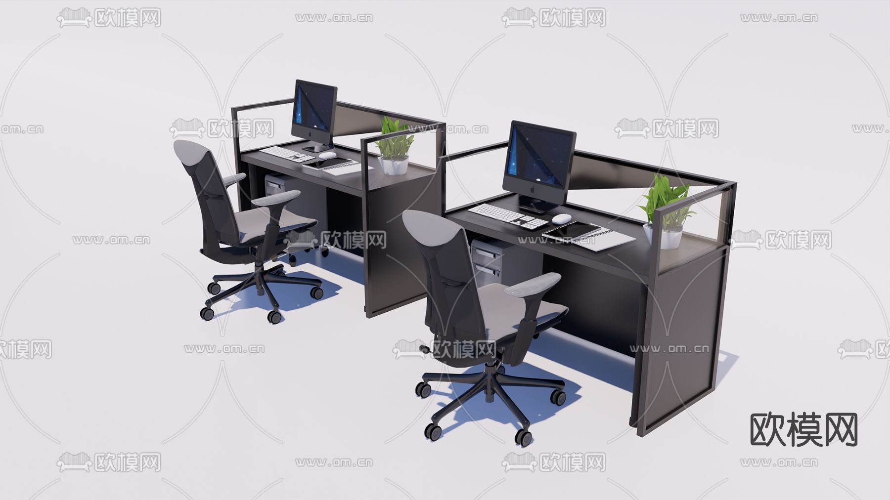 现代办公桌椅卡位su模型下载（渲染图1）