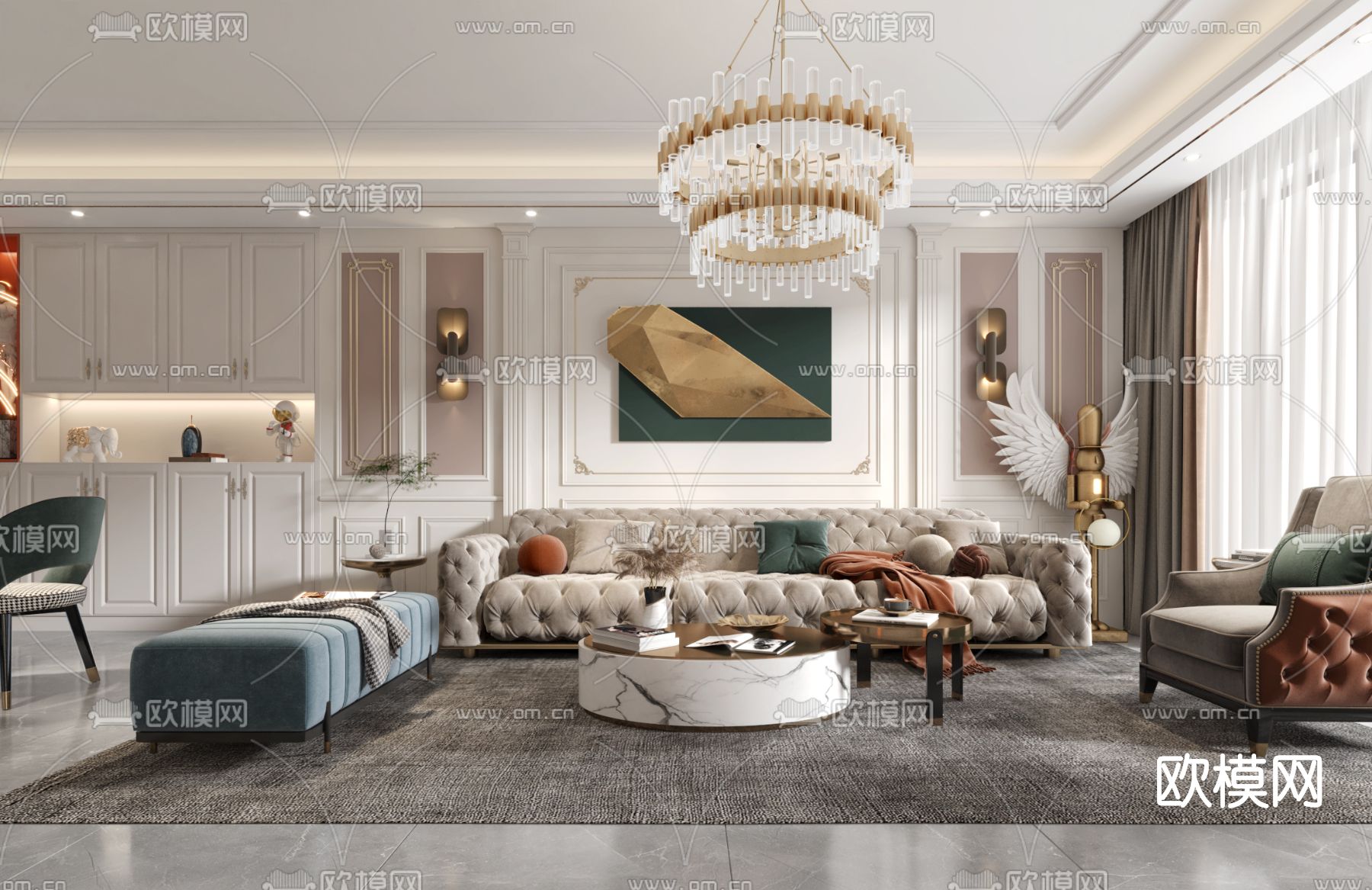 简欧轻奢客厅餐厅3d模型下载（渲染图1）