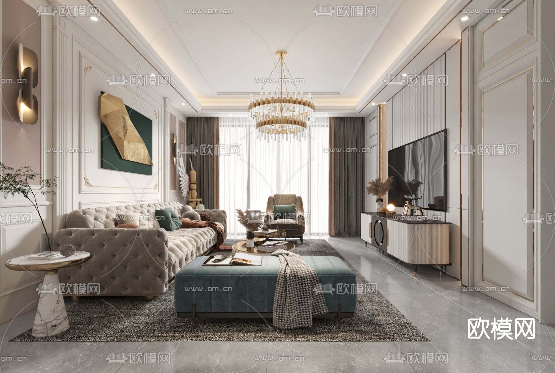 简欧轻奢客厅餐厅3d模型下载（渲染图2）