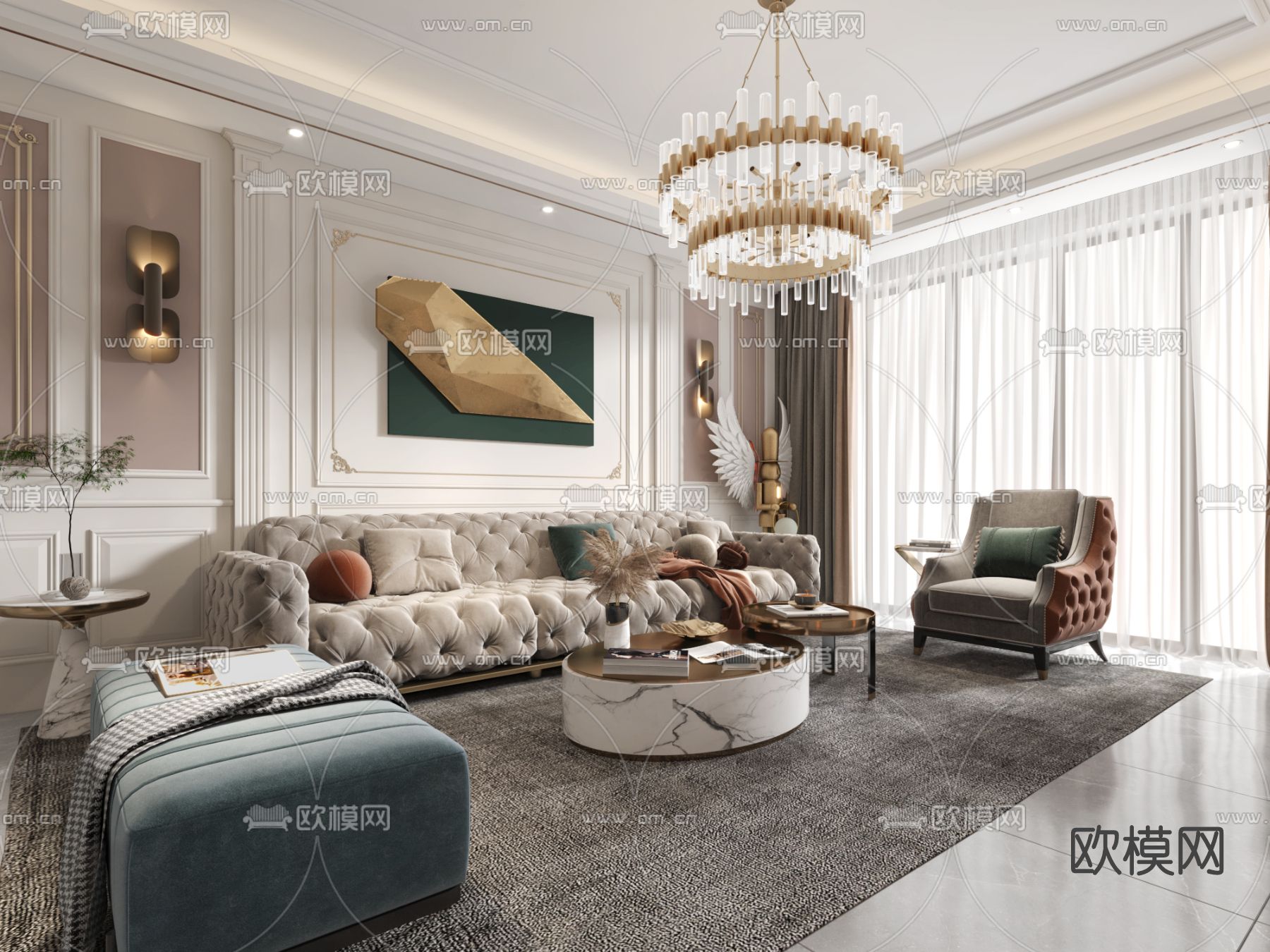 简欧轻奢客厅餐厅3d模型下载（渲染图3）