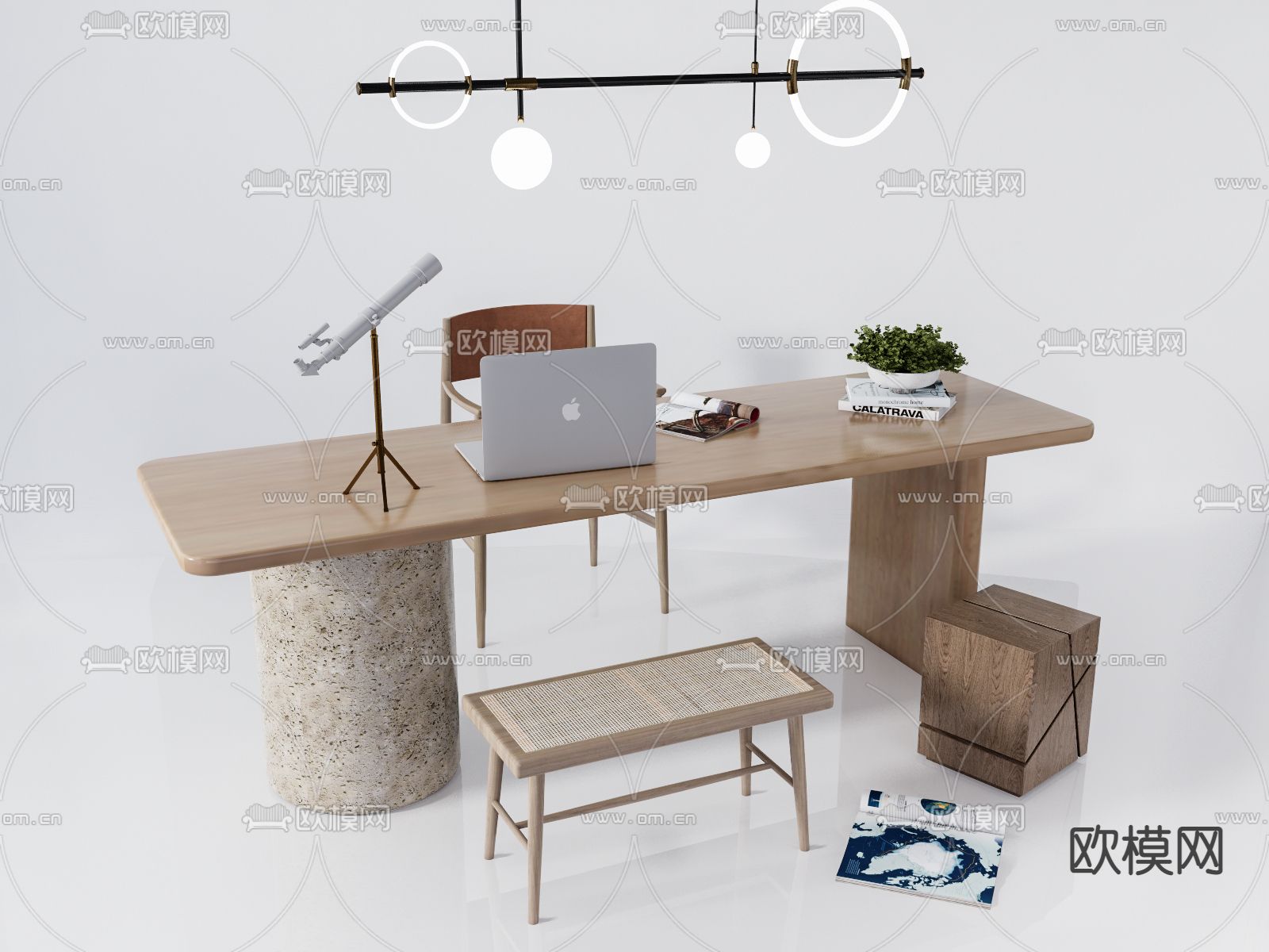 现代轻奢书桌椅su模型下载（渲染图1）