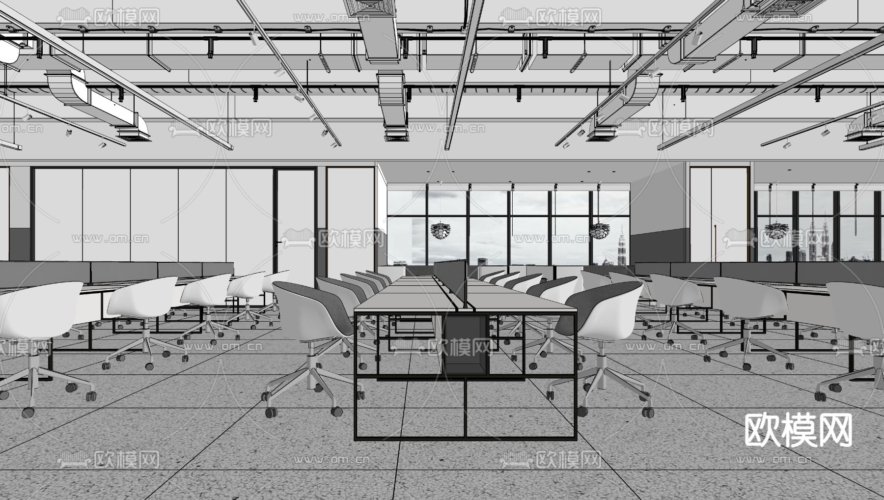 现代开放办公室su模型下载（渲染图2）