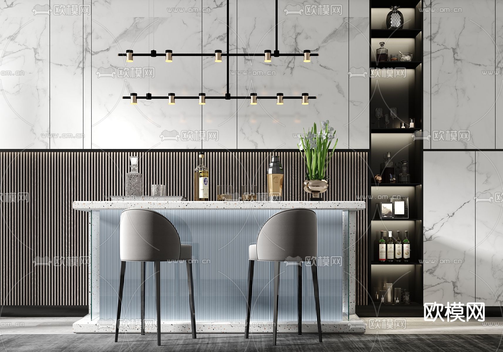 现代大理石吧台吧椅3d模型下载