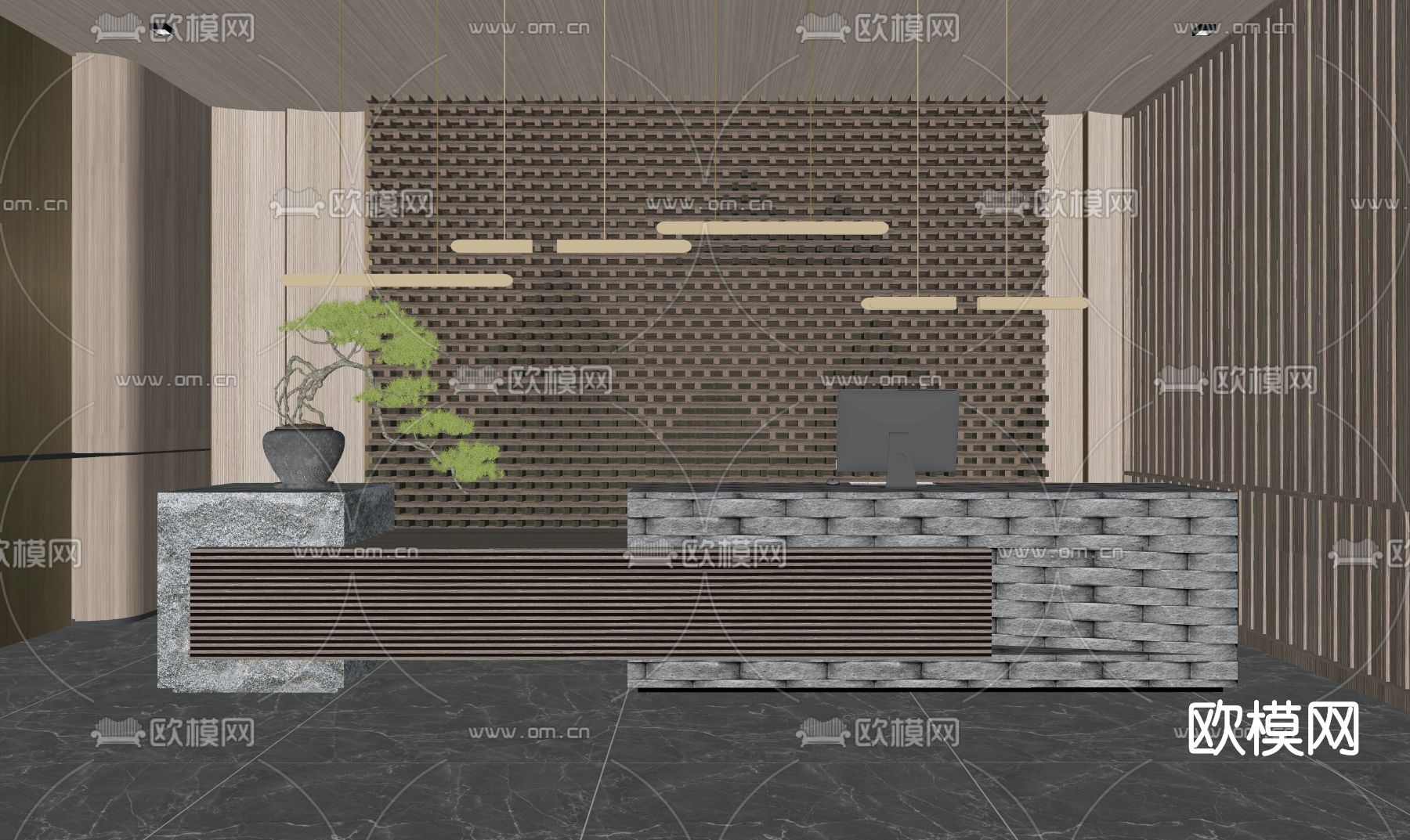 新中式办公室前台su模型下载（渲染图2）