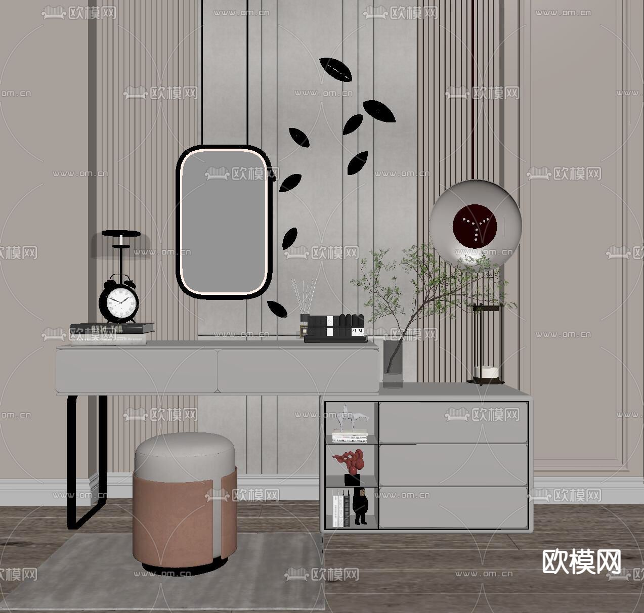 现代轻奢梳妆台su模型下载（渲染图2）