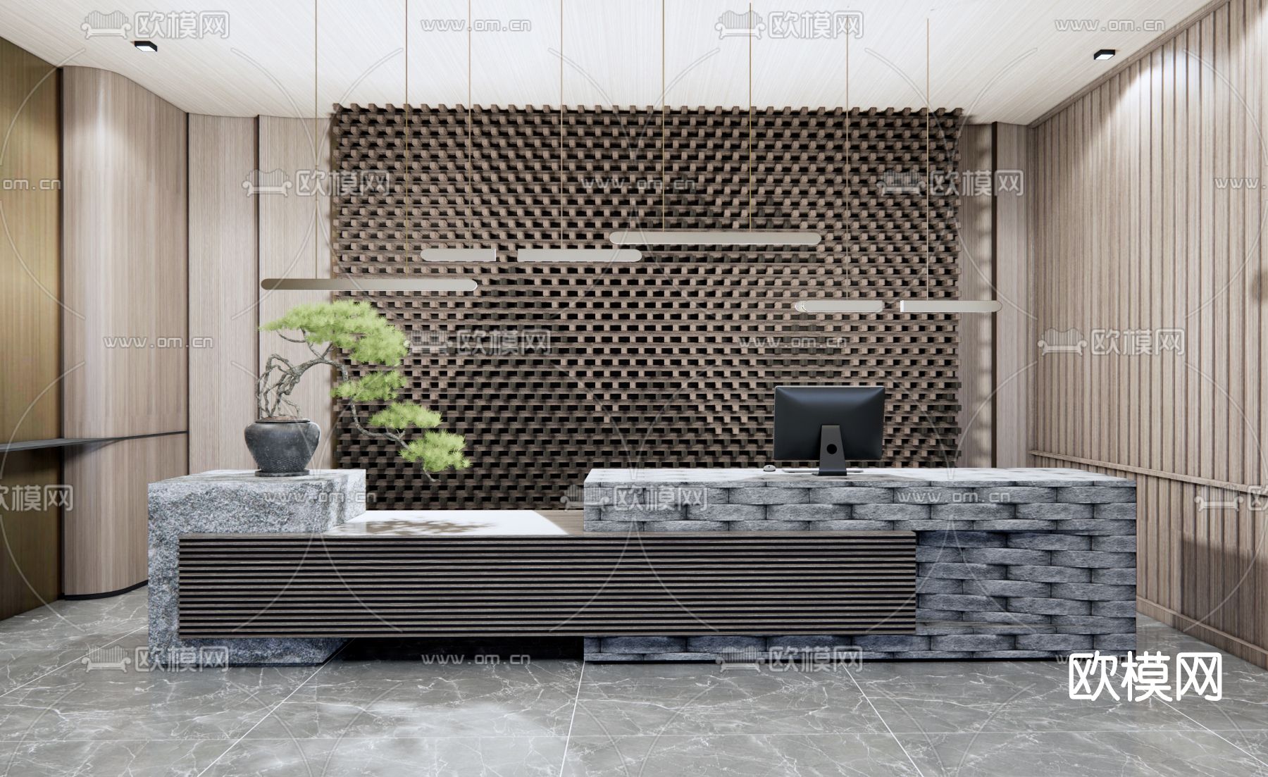 新中式办公室前台su模型下载（渲染图1）