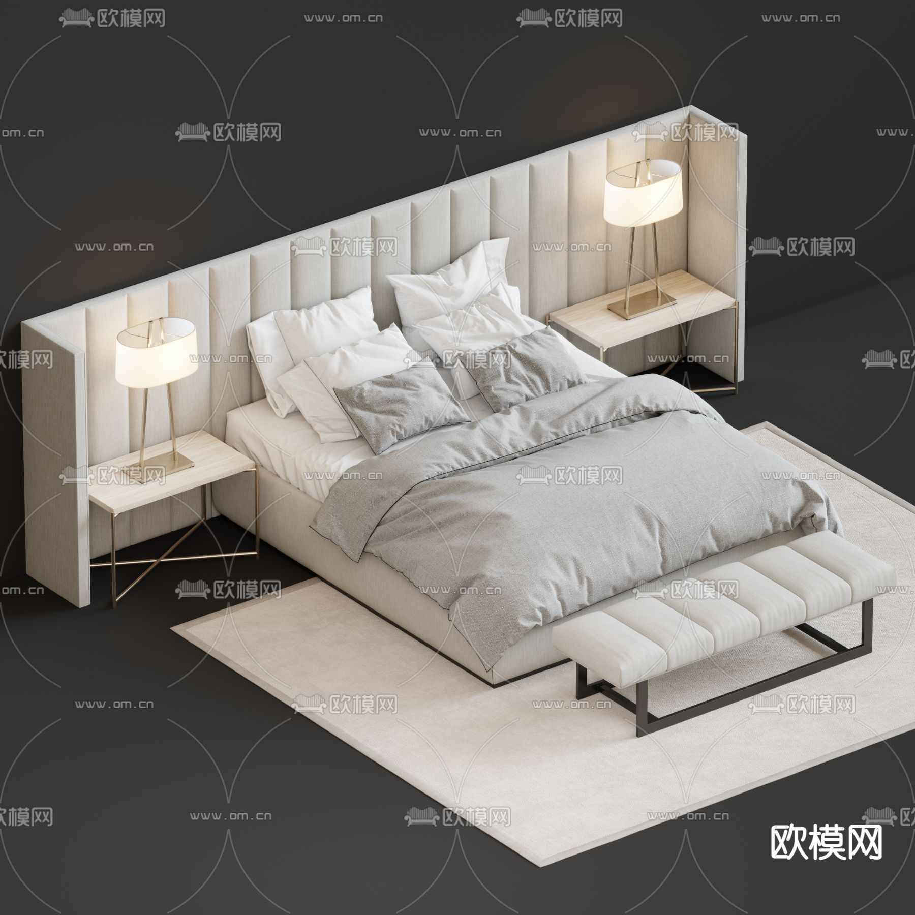 现代布艺双人床3d模型下载（渲染图2）