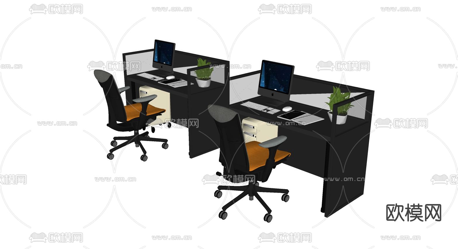 现代办公桌椅卡位su模型下载（渲染图2）