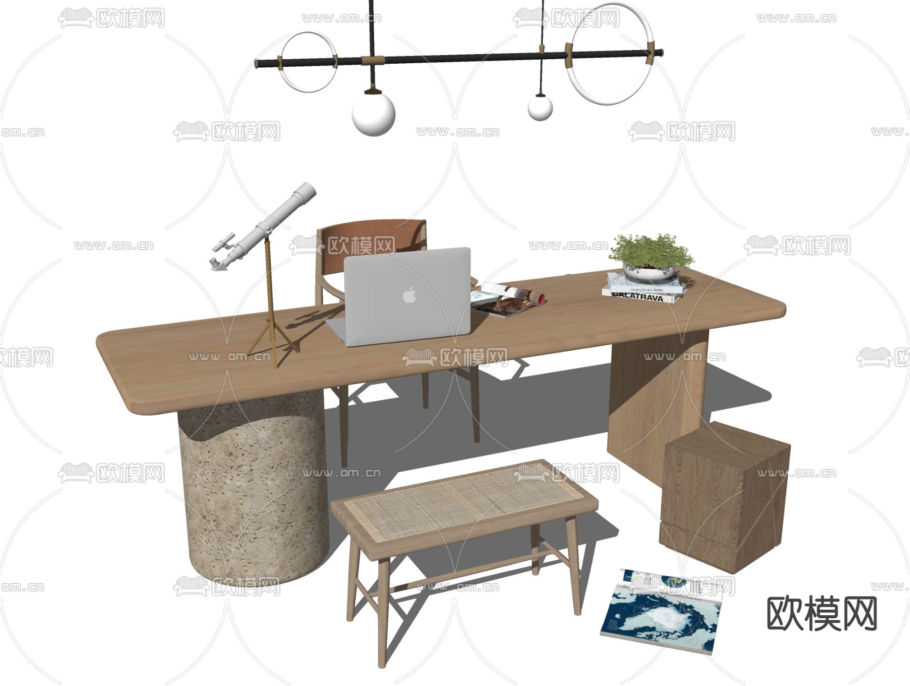 现代轻奢书桌椅su模型下载（渲染图2）