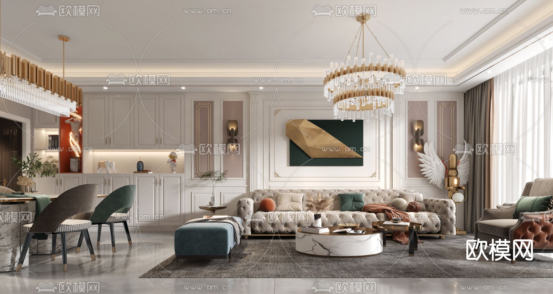 简欧轻奢客厅餐厅3d模型下载（渲染图4）