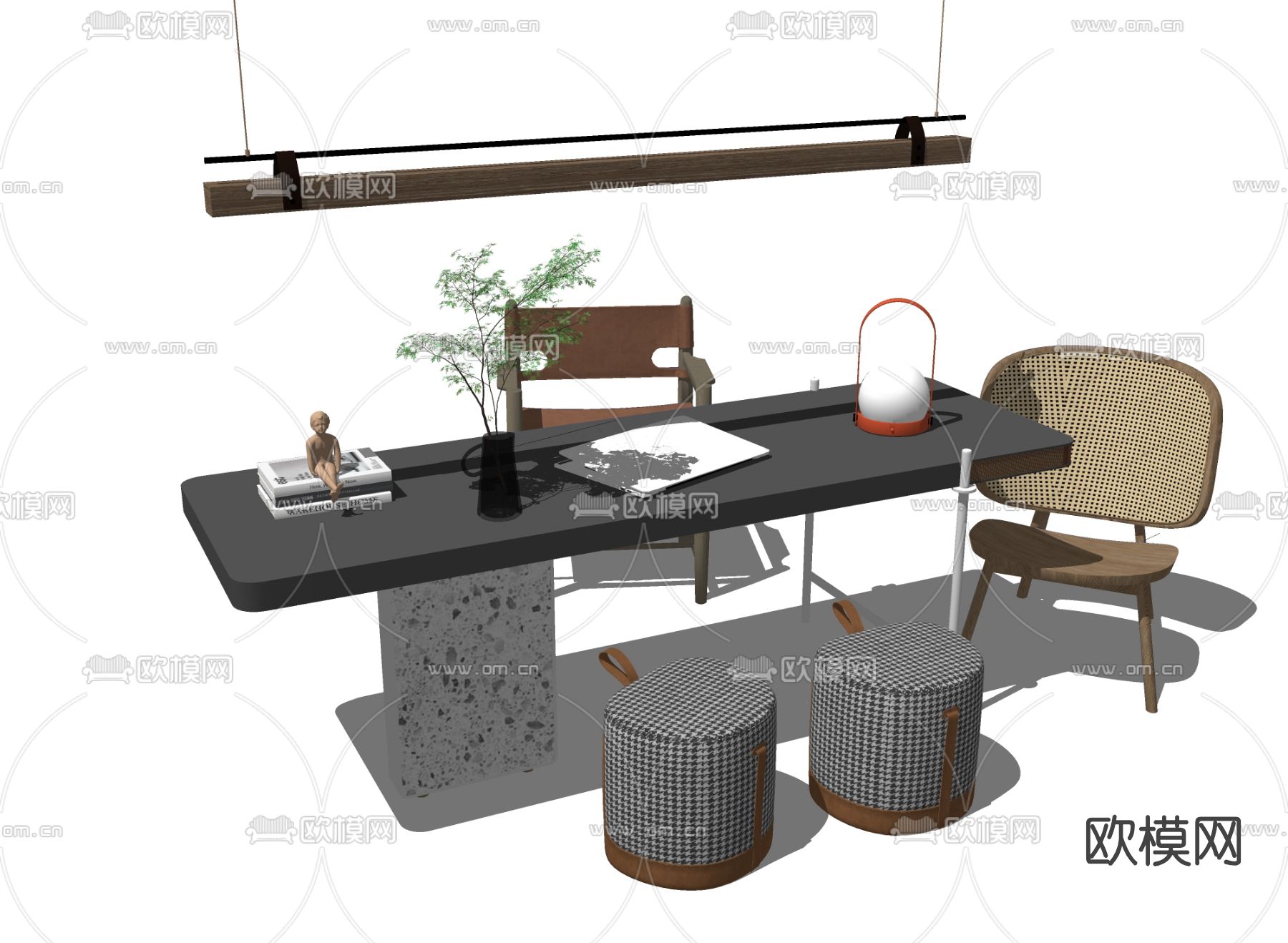 现代轻奢书桌椅su模型下载（渲染图2）