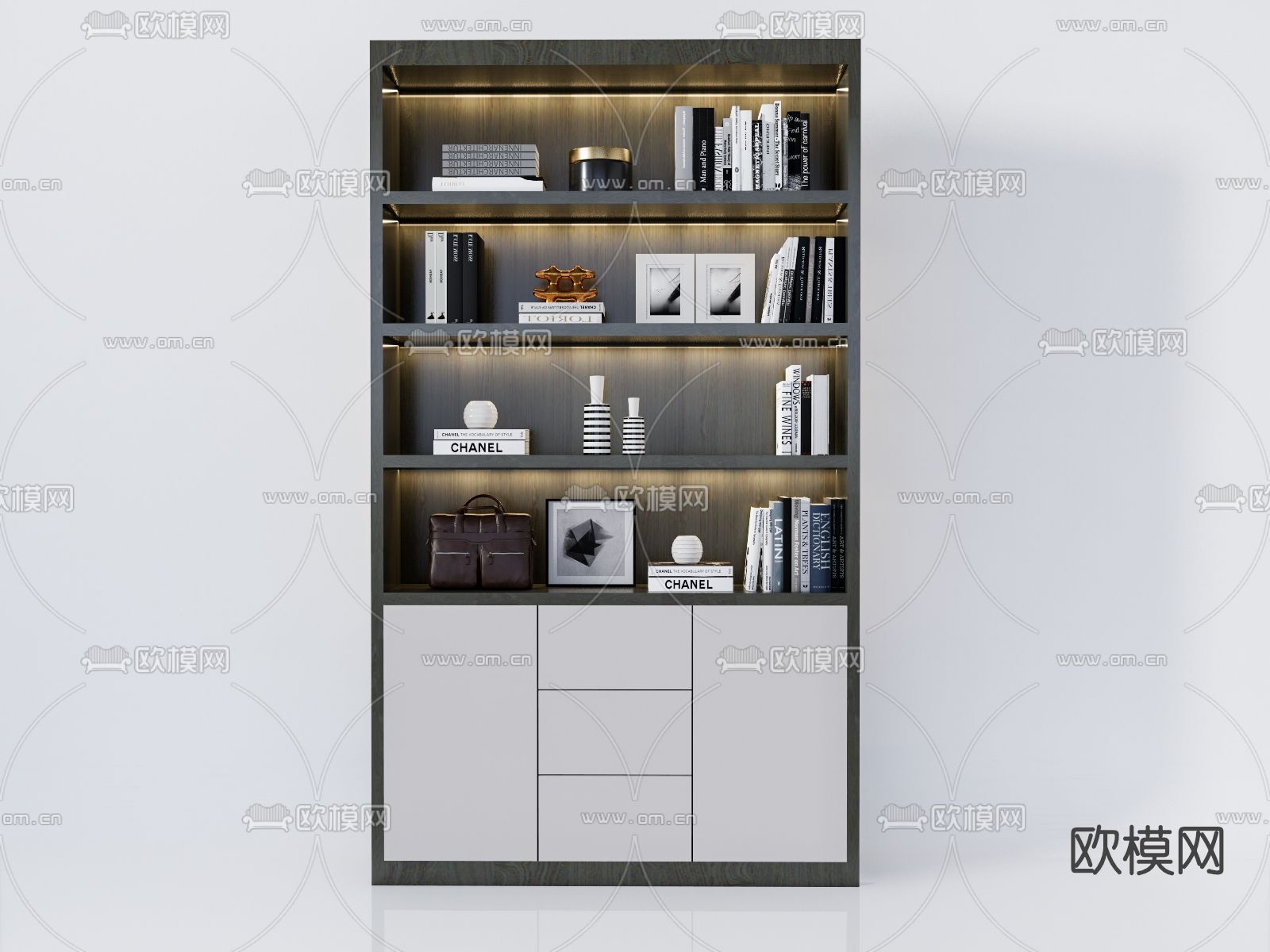 现代书柜书架su模型下载（渲染图1）