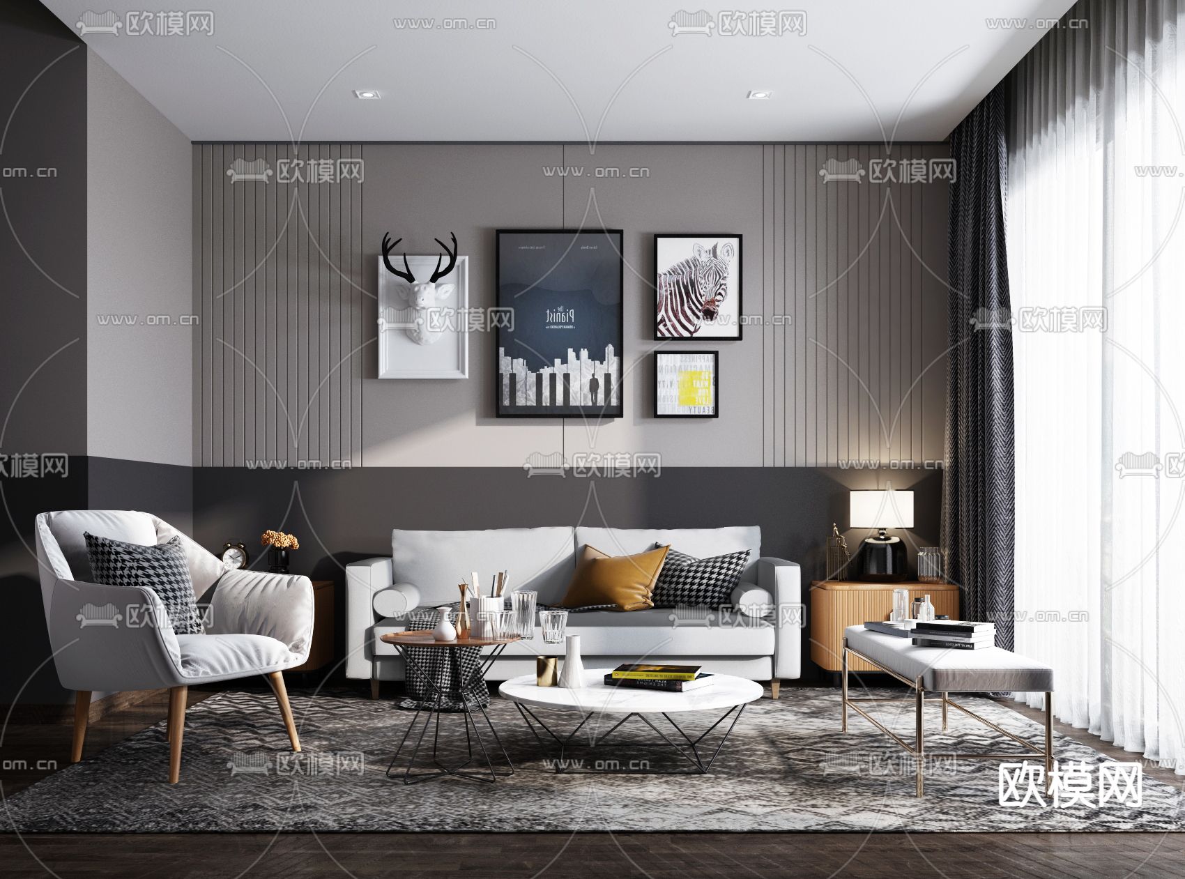 北欧布艺沙发组合免费3d模型-免费3dmax模型库-欧模网