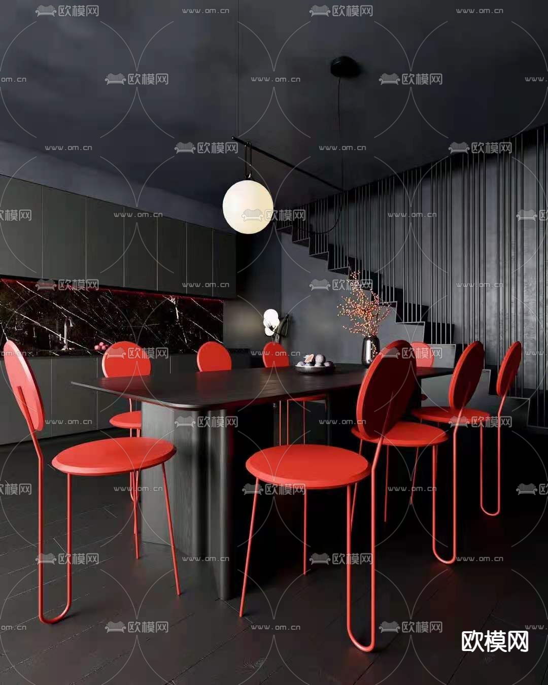 现代高级灰餐厅3d模型下载（渲染图2）