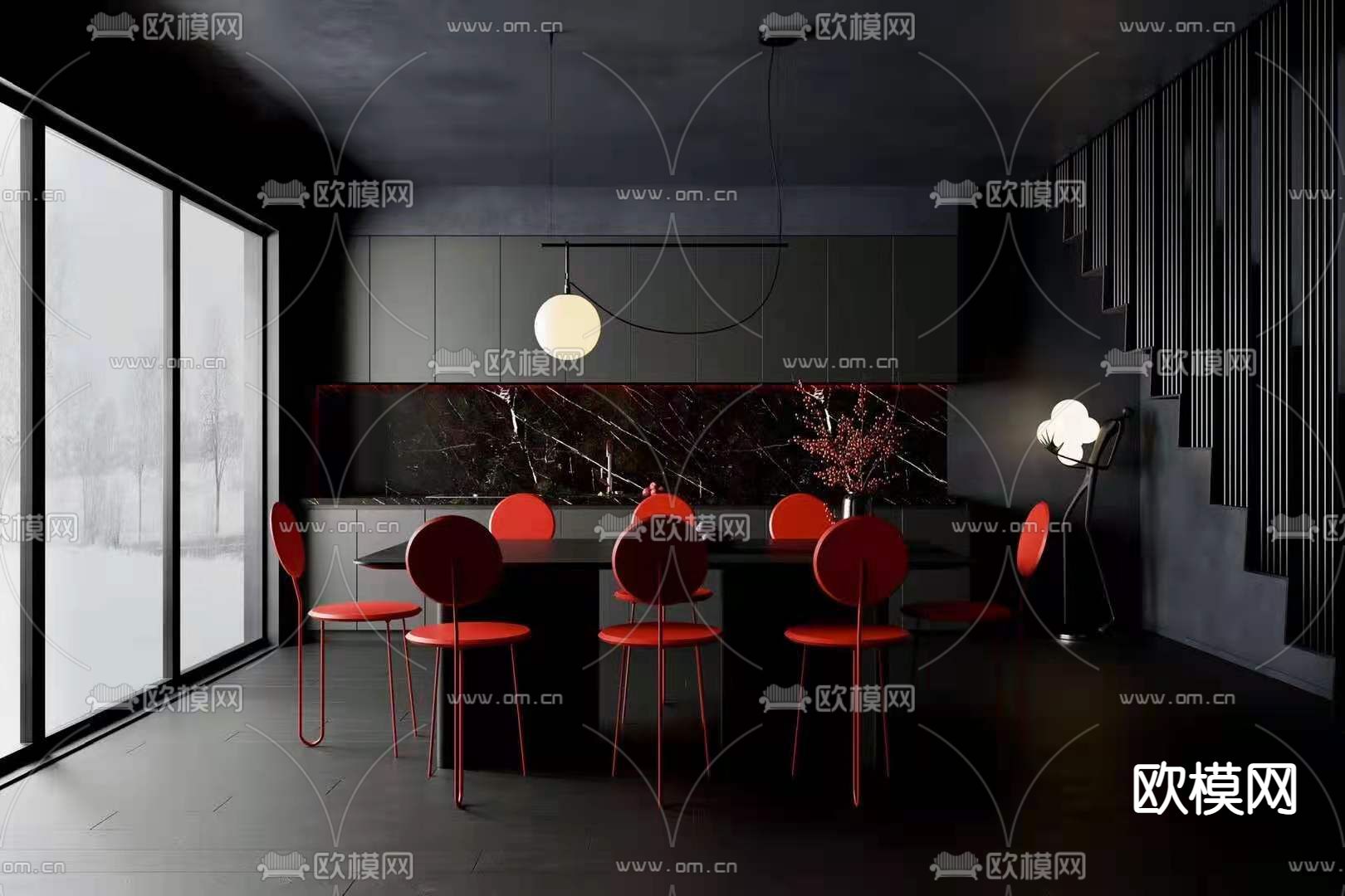 现代高级灰餐厅3d模型下载（渲染图7）