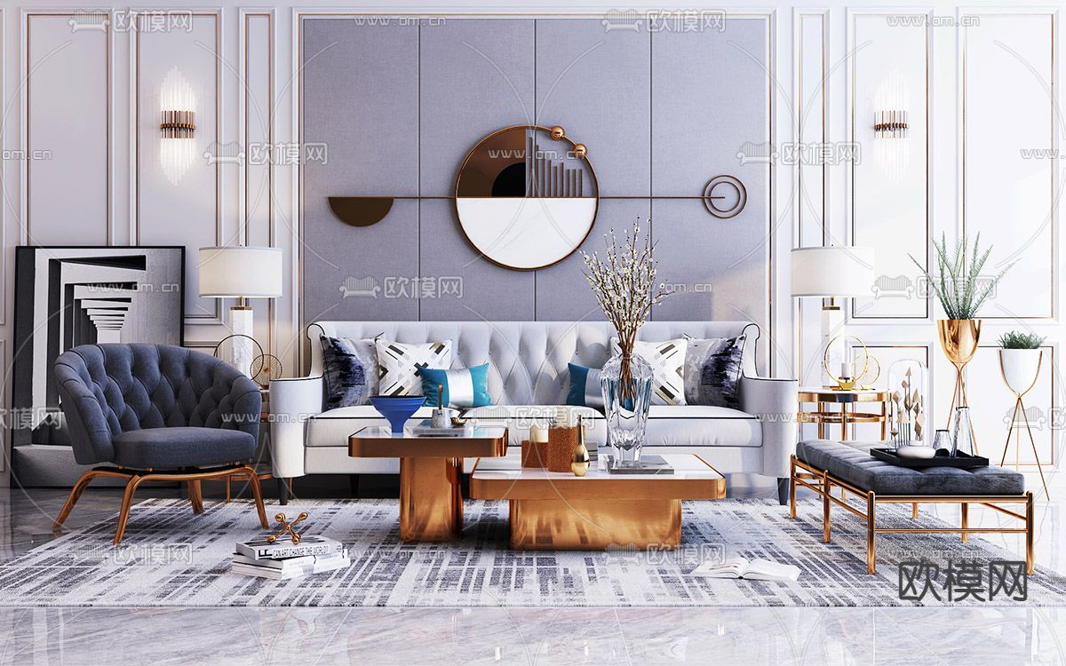 现代布艺沙发组合免费3d模型下载