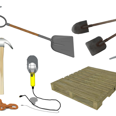  现代工业工具铁锤铁镐托盘照明灯su模型 
