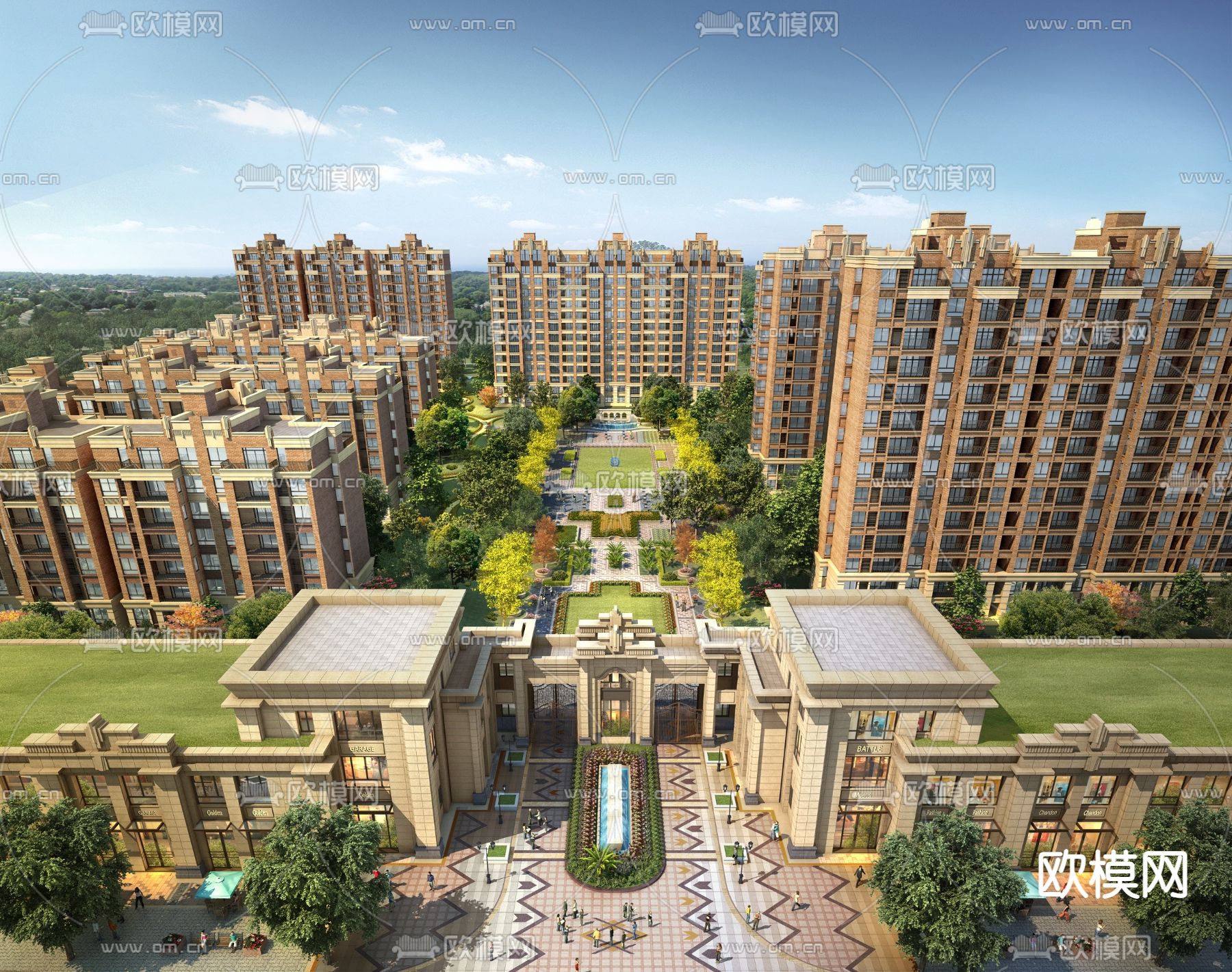 简欧住宅小区入口鸟瞰3d模型