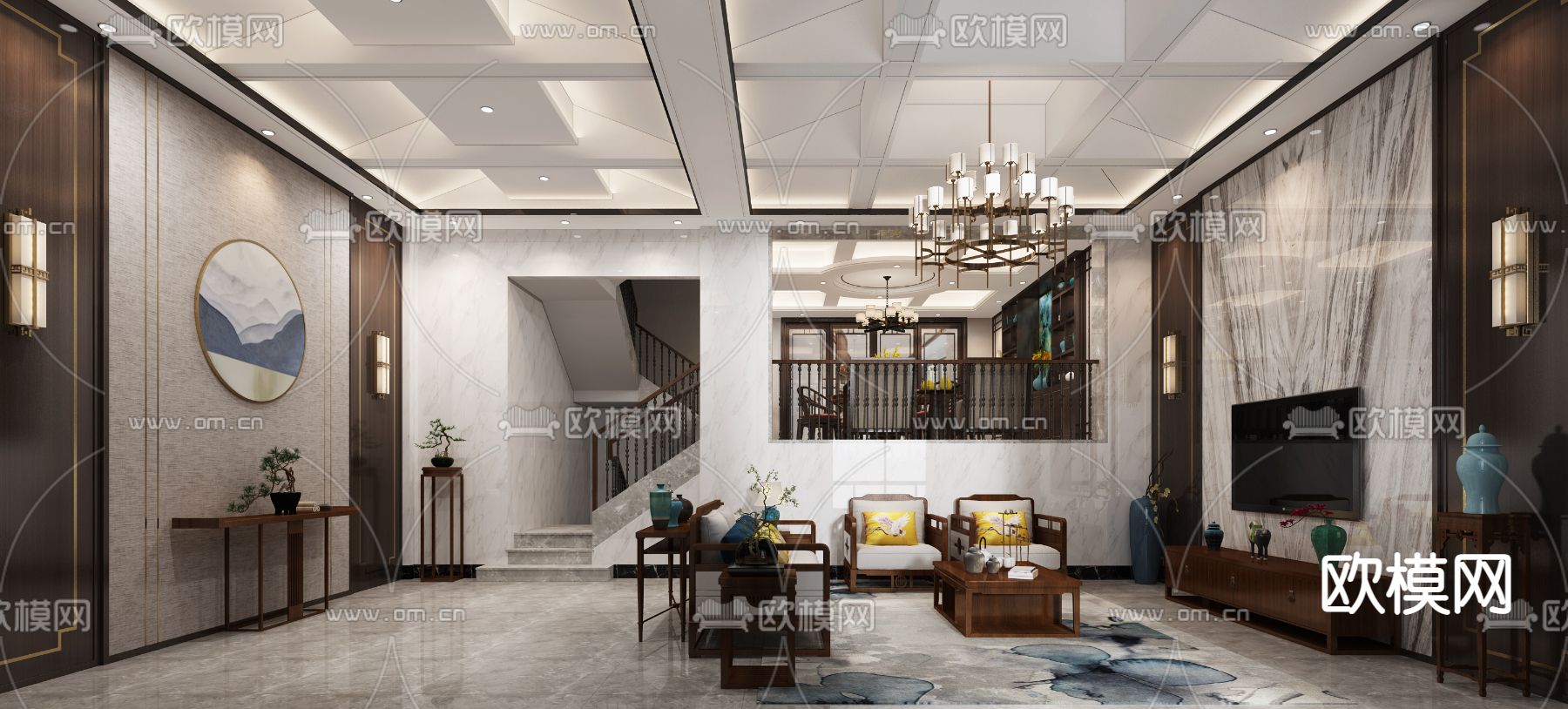 新中式跃式客餐厅免费3d模型下载（渲染图2）