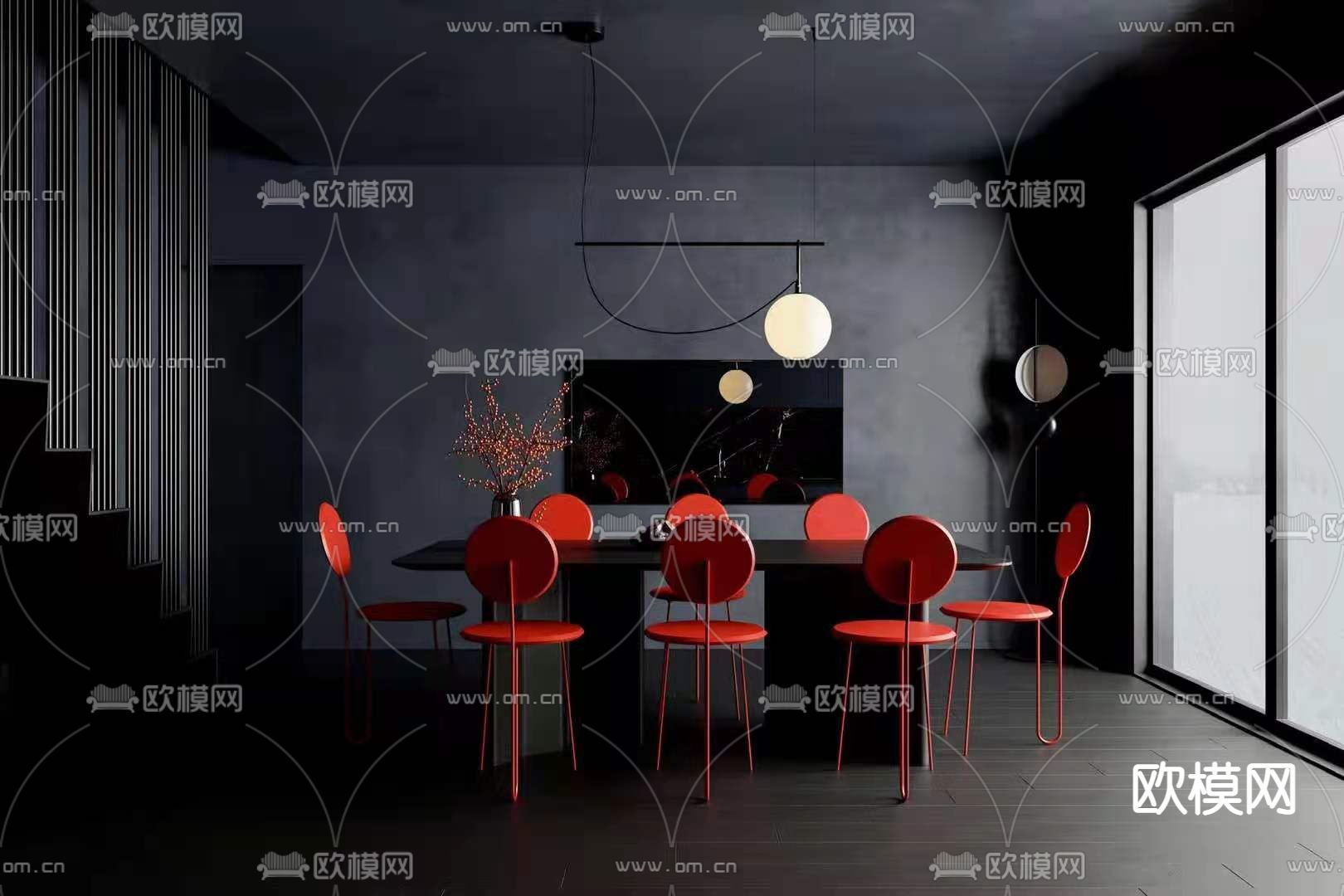 现代高级灰餐厅3d模型下载（渲染图1）