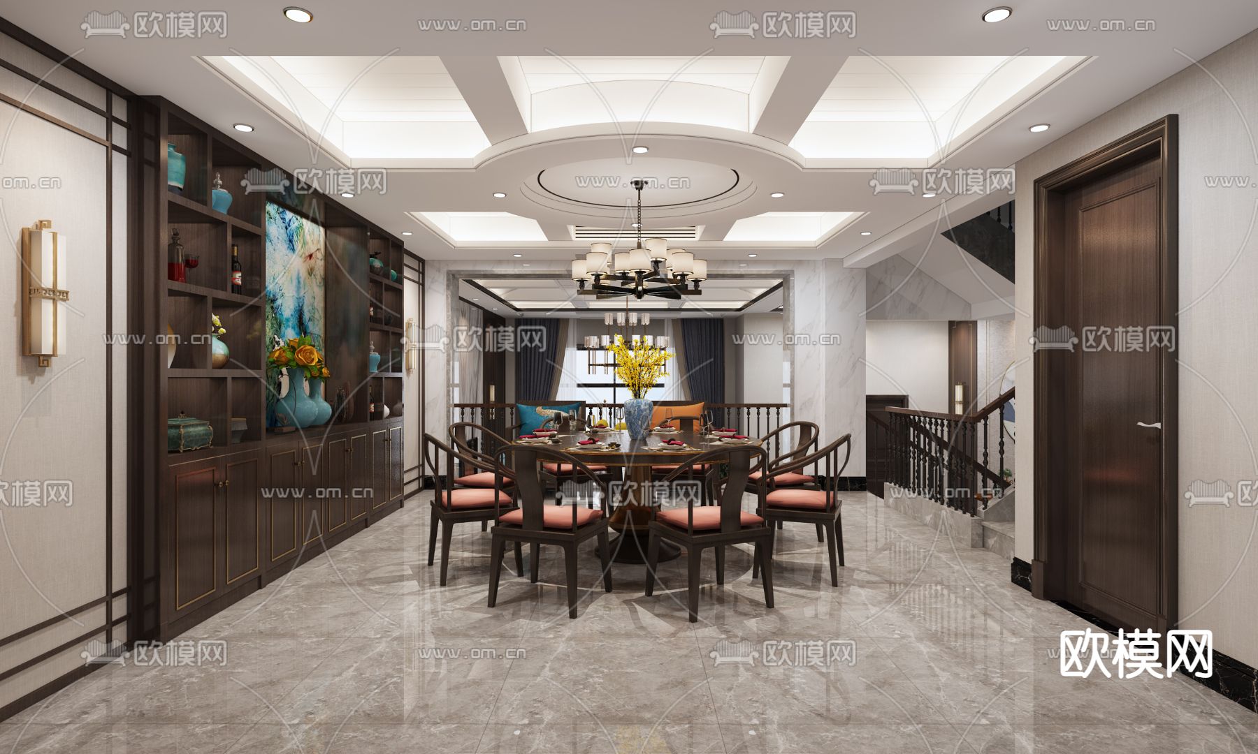 新中式跃式客餐厅免费3d模型下载（渲染图1）