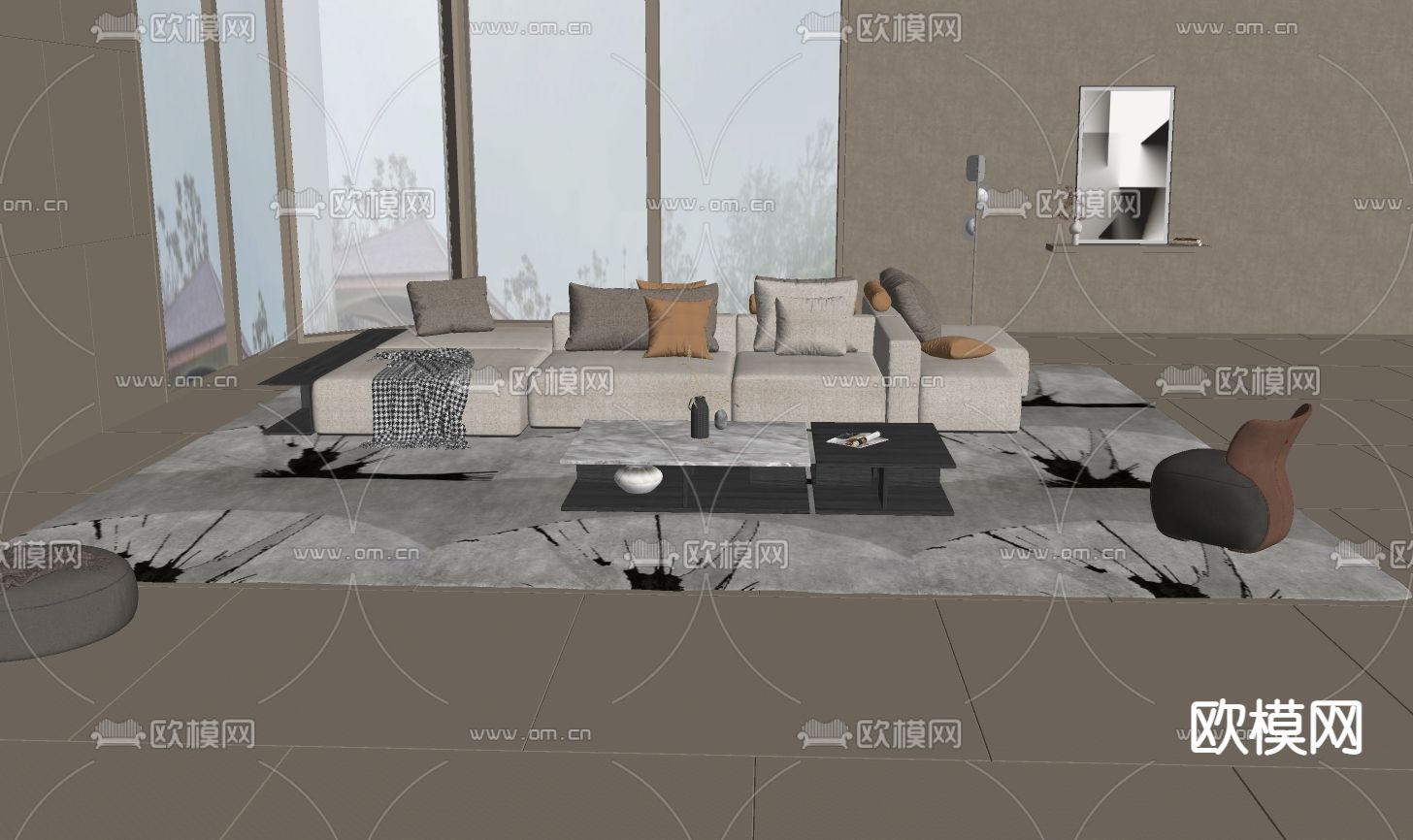 现代布艺多人沙发su模型下载