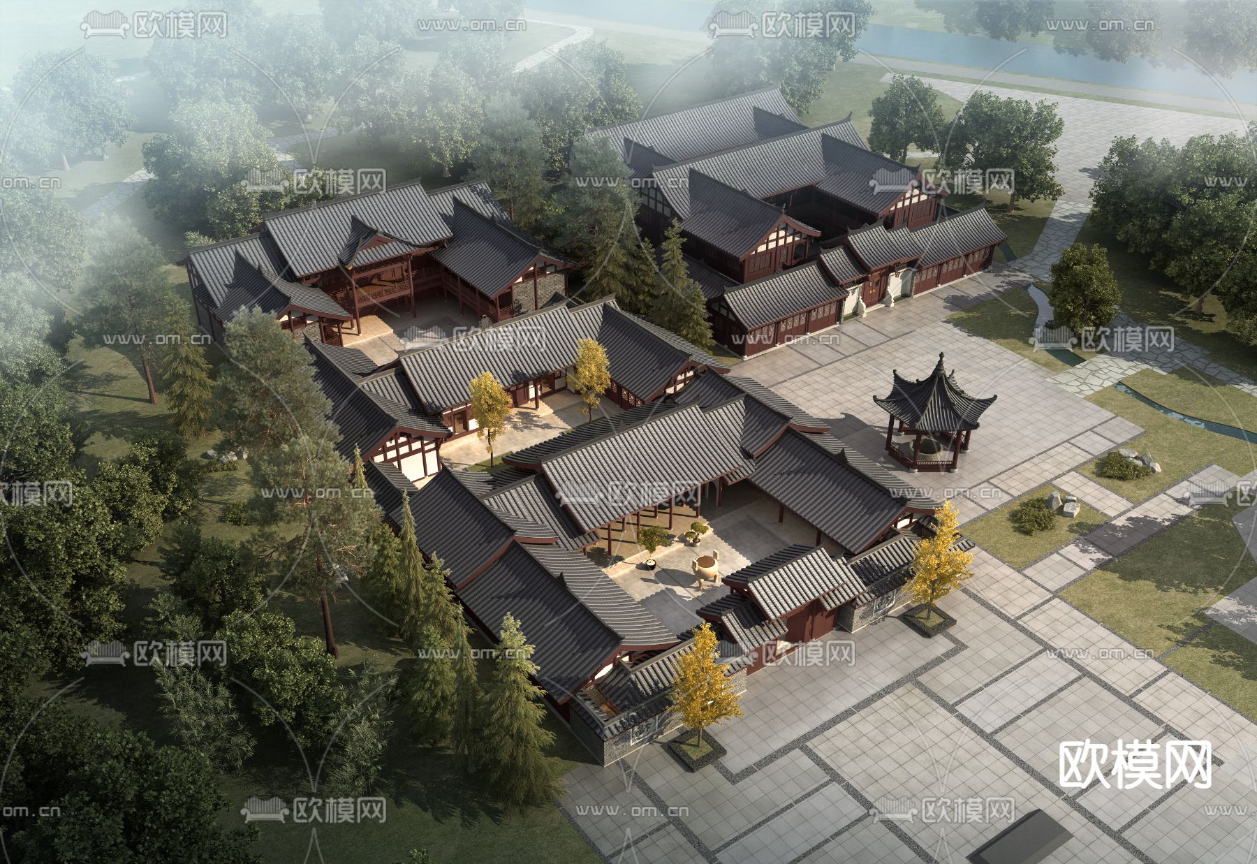 中式古建四合院鸟瞰3d模型