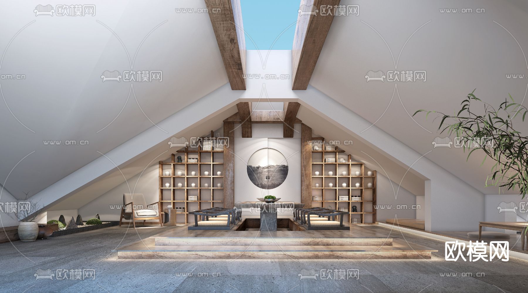 新中式阁楼茶室3d模型下载（渲染图2）