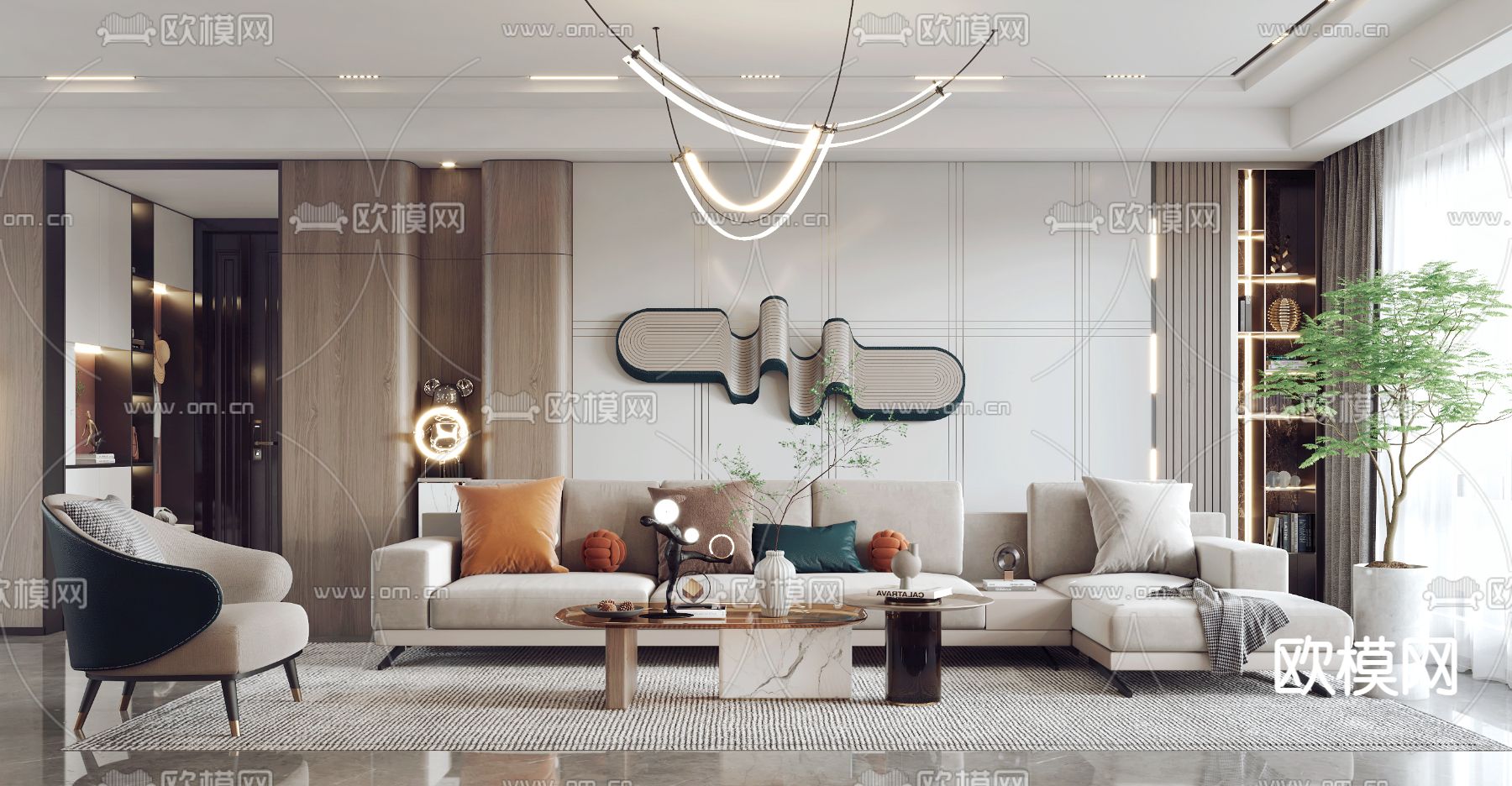 现代轻奢客厅餐厅3d模型下载（渲染图1）