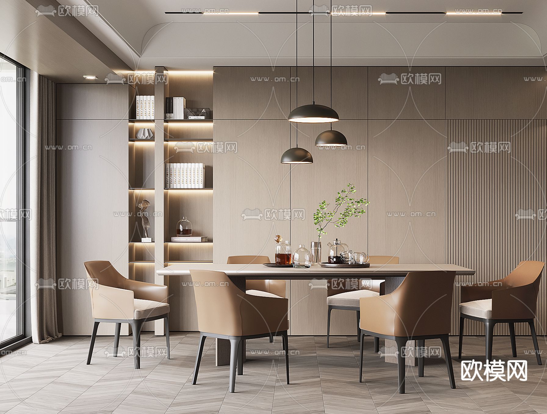 现代条形餐桌椅3d模型下载（渲染图1）