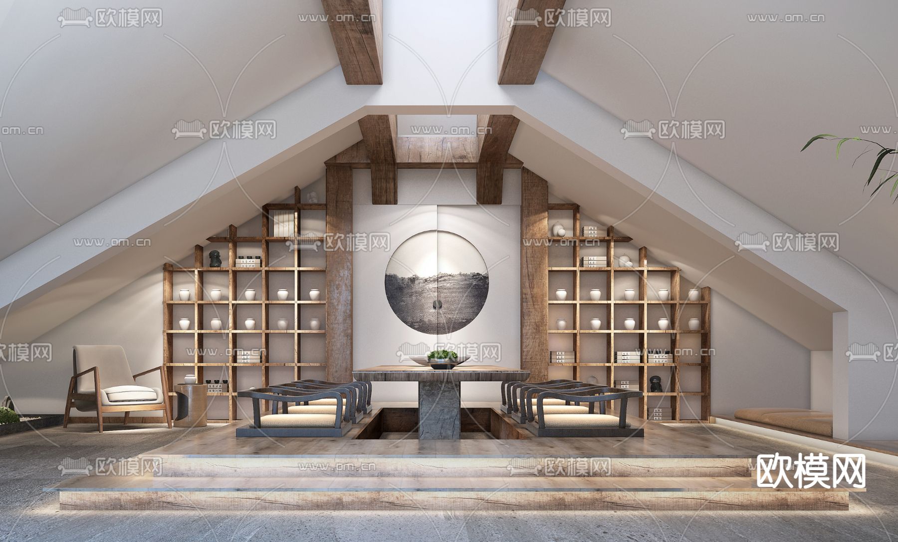 新中式阁楼茶室3d模型下载（渲染图1）