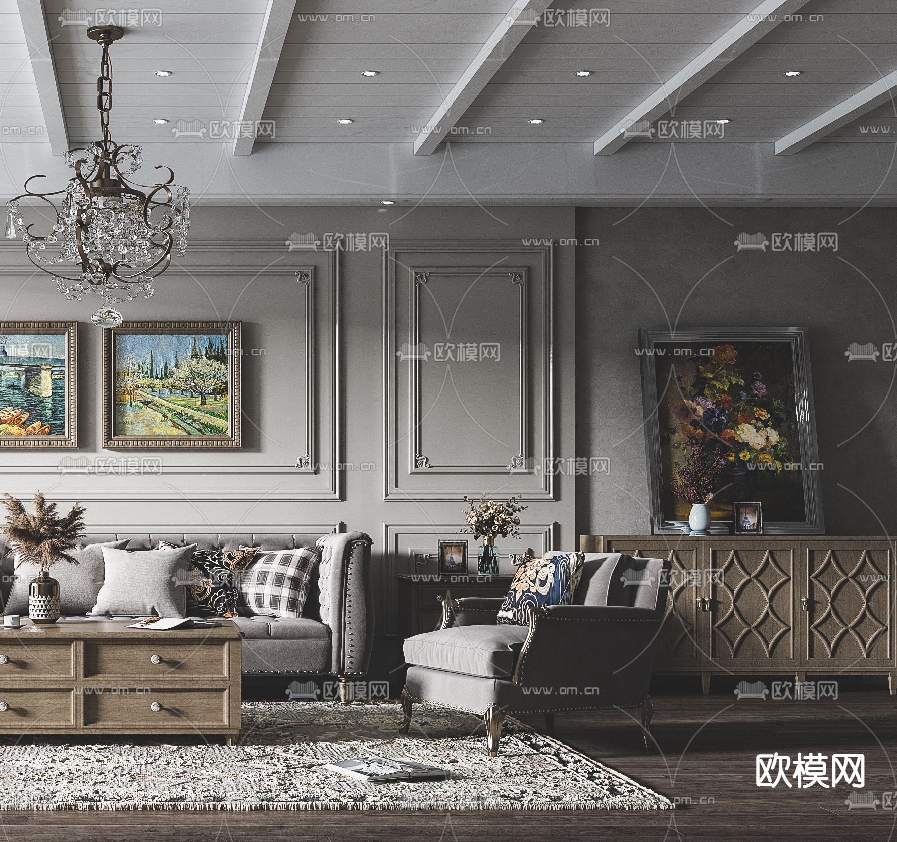 美式布艺沙发组合3d模型