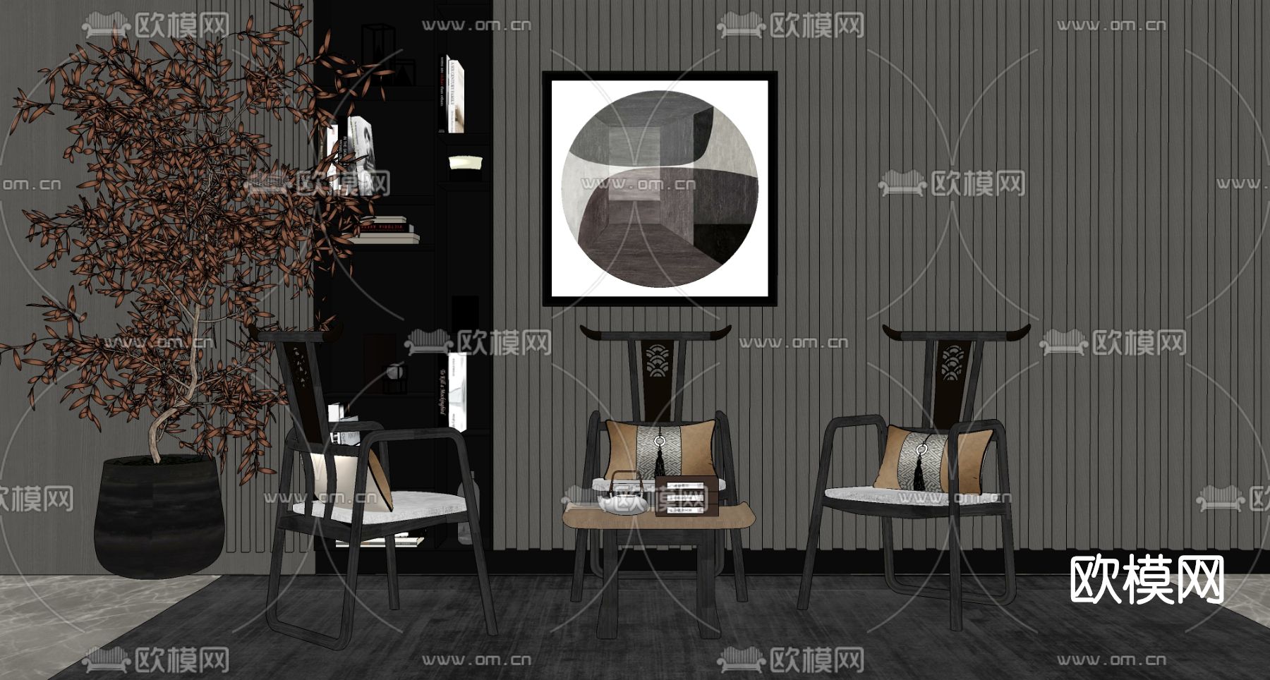 新中式实木休闲椅su模型下载（渲染图2）