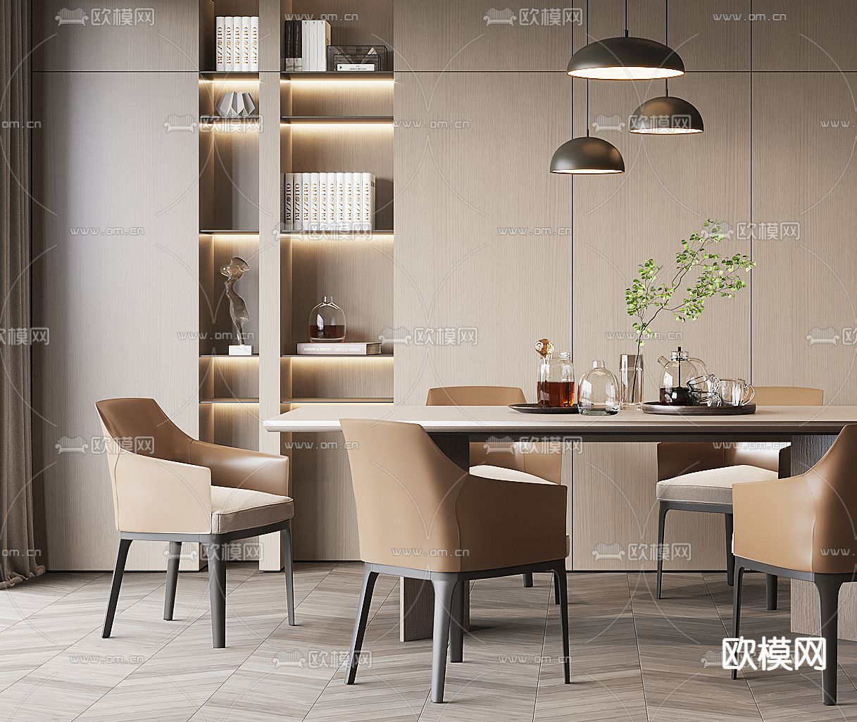 现代条形餐桌椅3d模型下载（渲染图2）