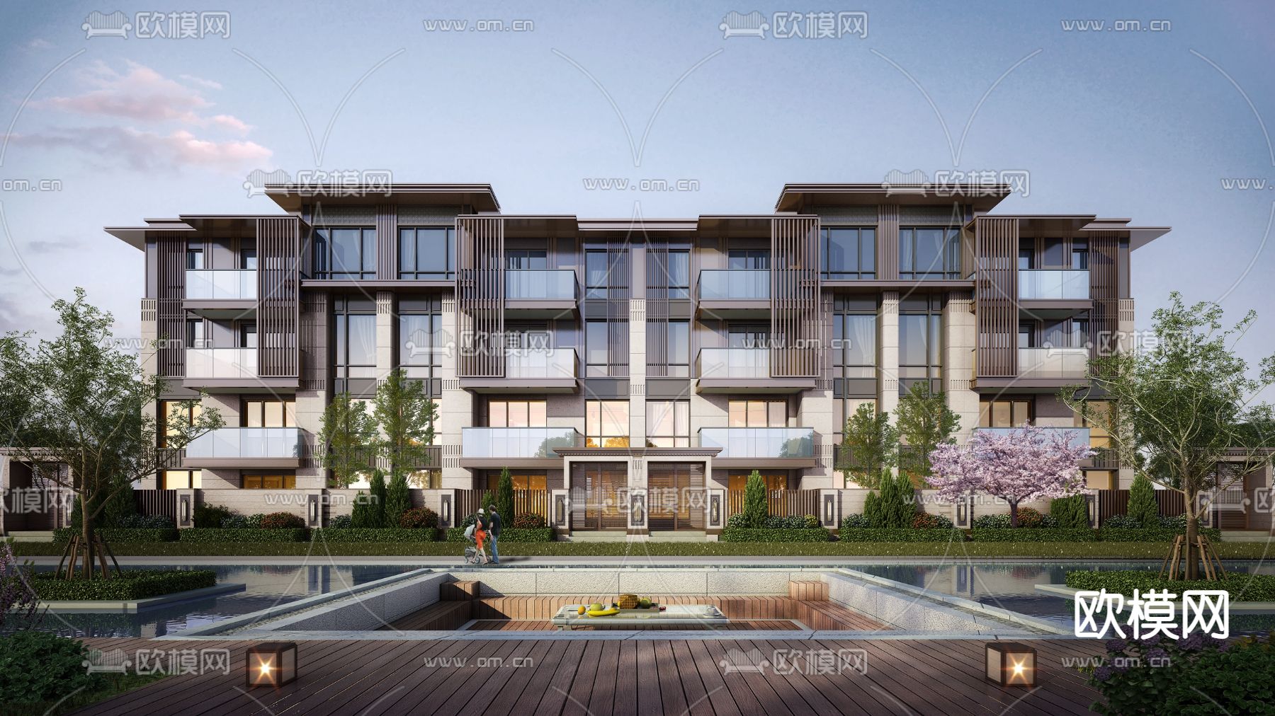 新中式联排别墅外观3d模型下载