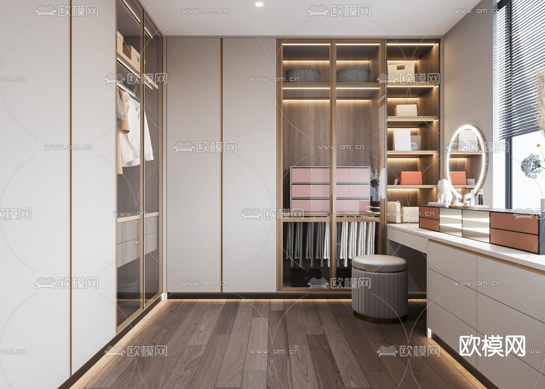 现代轻奢衣帽间3d模型下载（渲染图1）