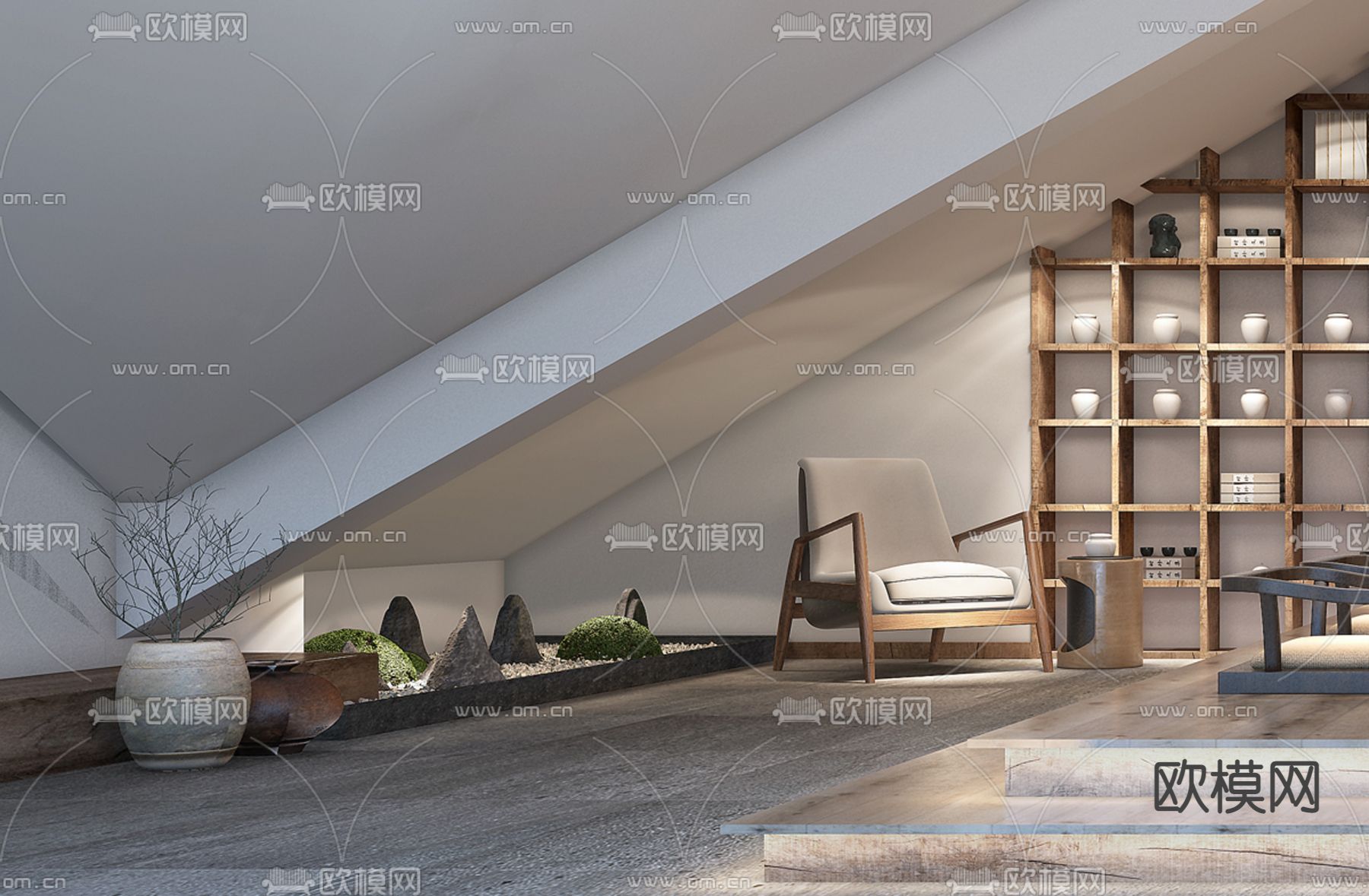新中式阁楼茶室3d模型下载（渲染图3）