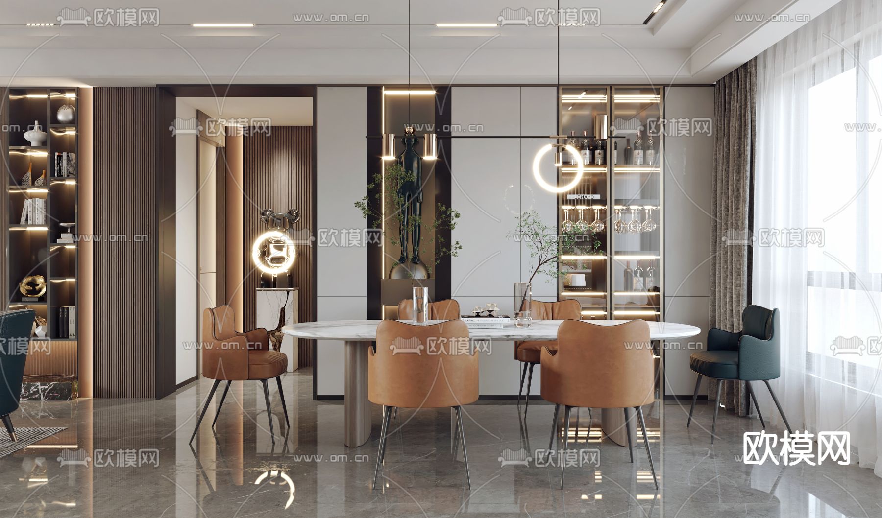现代轻奢客厅餐厅3d模型下载（渲染图3）