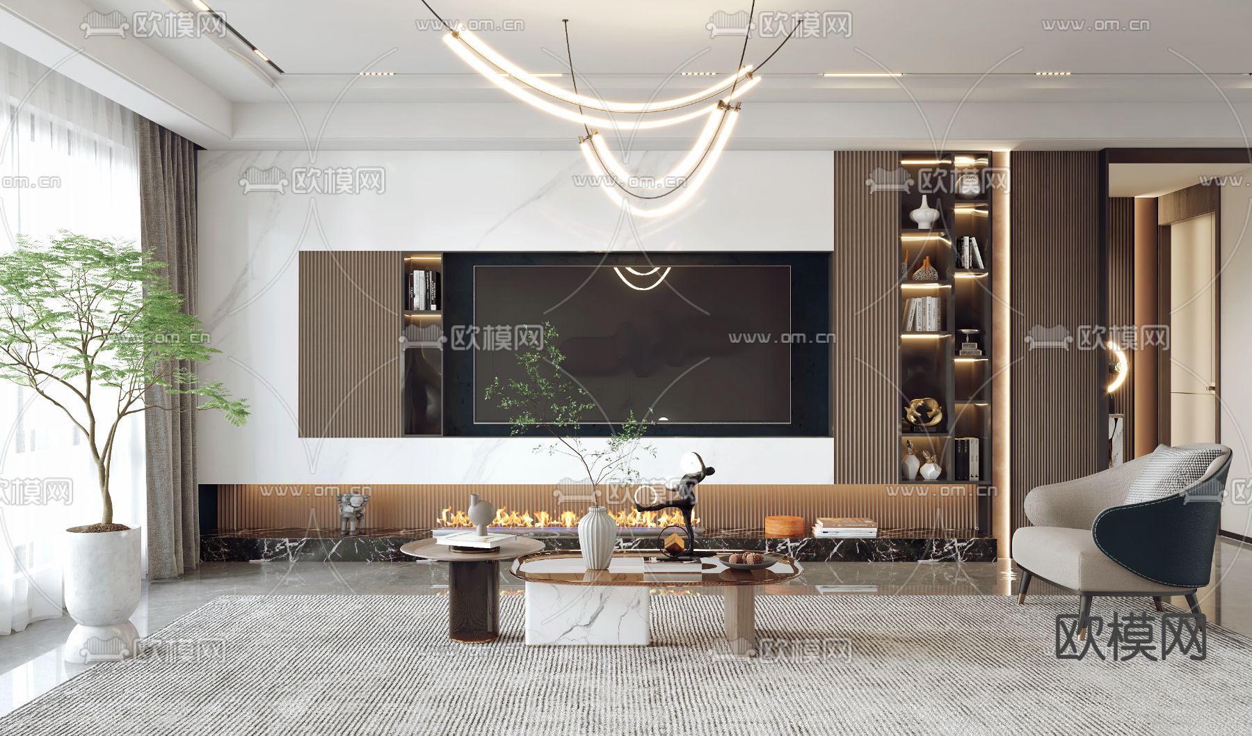 现代轻奢客厅餐厅3d模型下载（渲染图2）