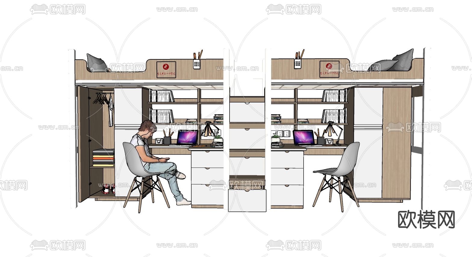 现代学生上下铺单人床su模型下载（渲染图2）