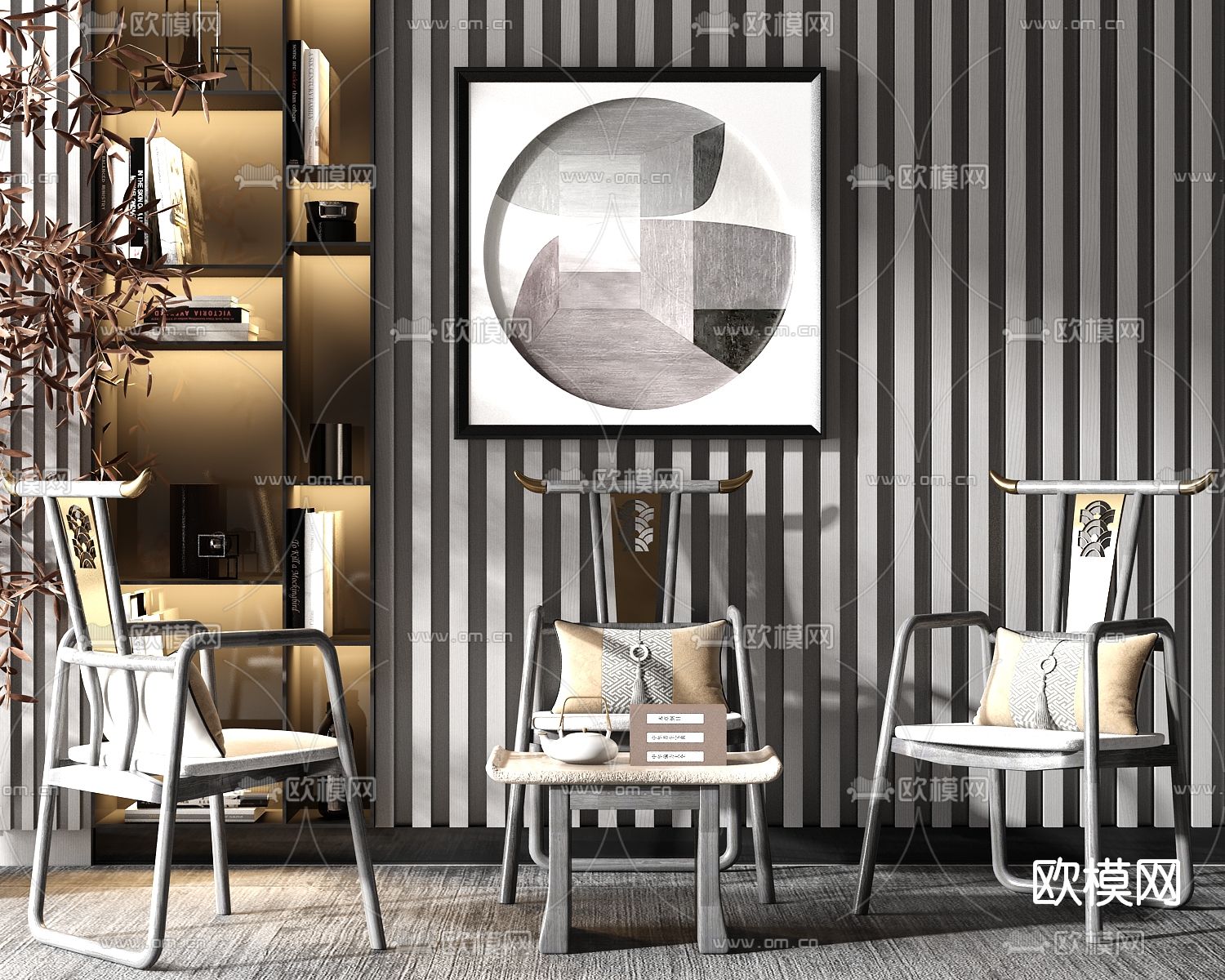 新中式实木休闲椅su模型下载（渲染图1）