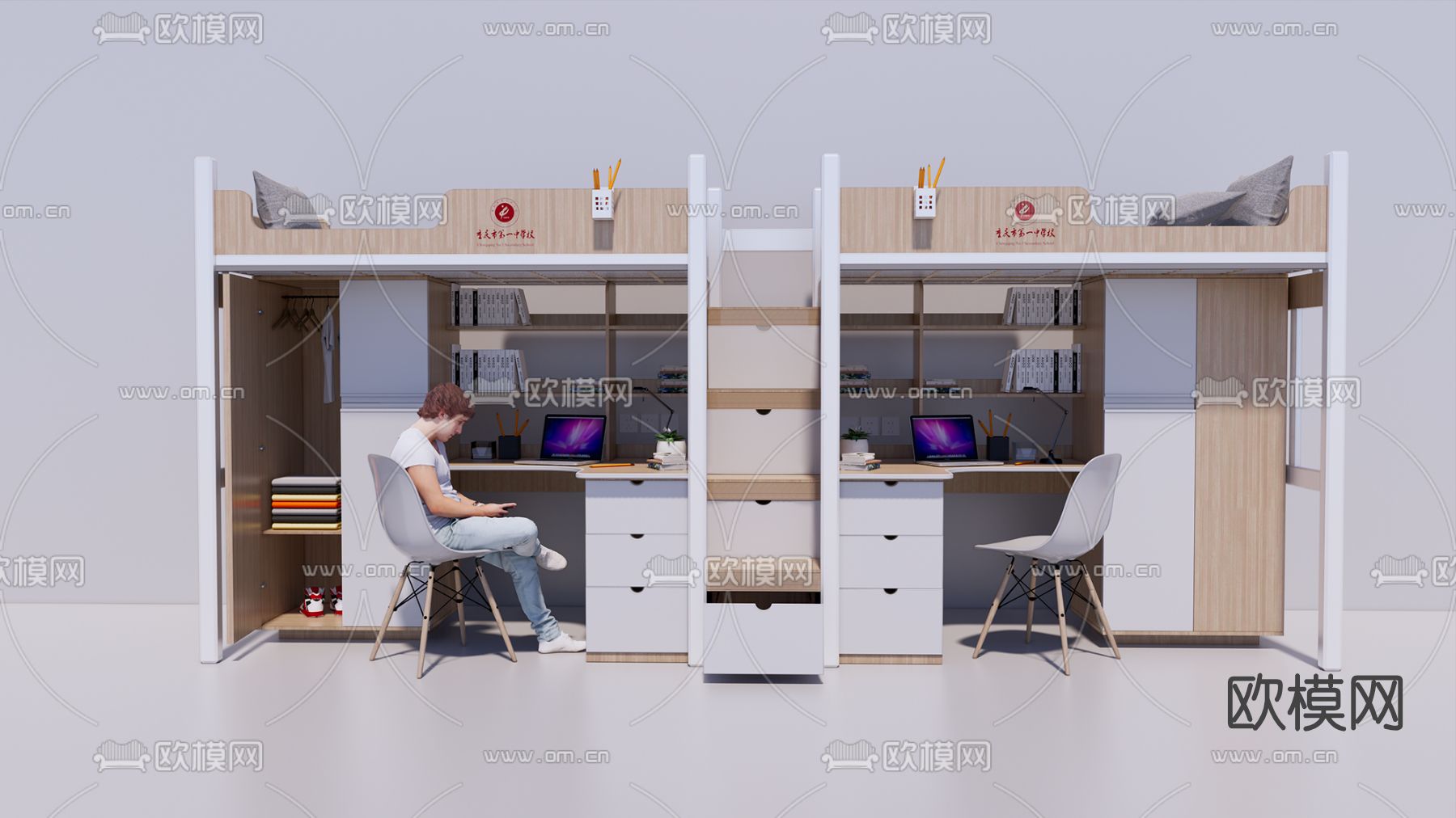 现代学生上下铺单人床su模型下载（渲染图1）